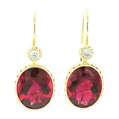 Rubellite and Diamond Drop Earrings, Handmade in Yellow Gold