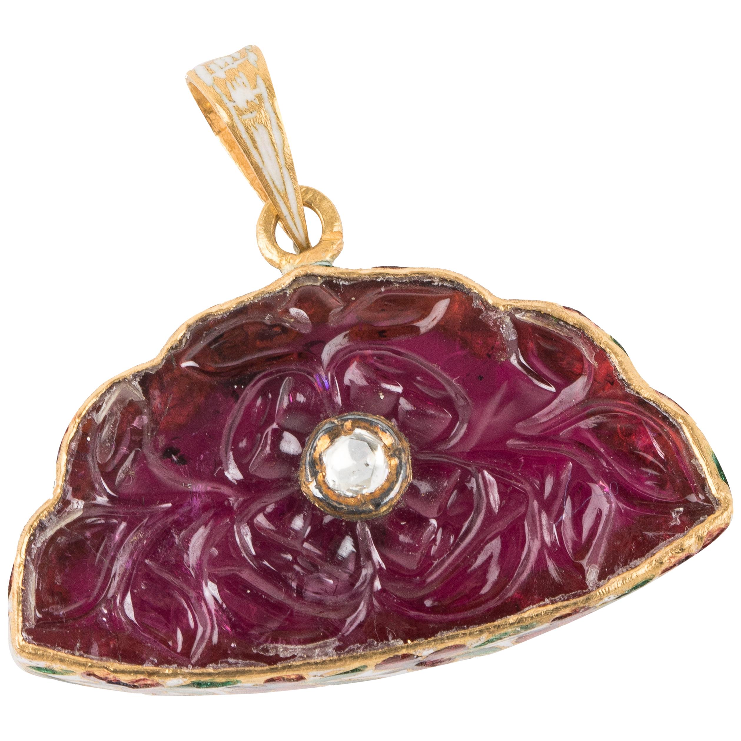 Rubellite and Diamond Flower Carved Pendant For Sale