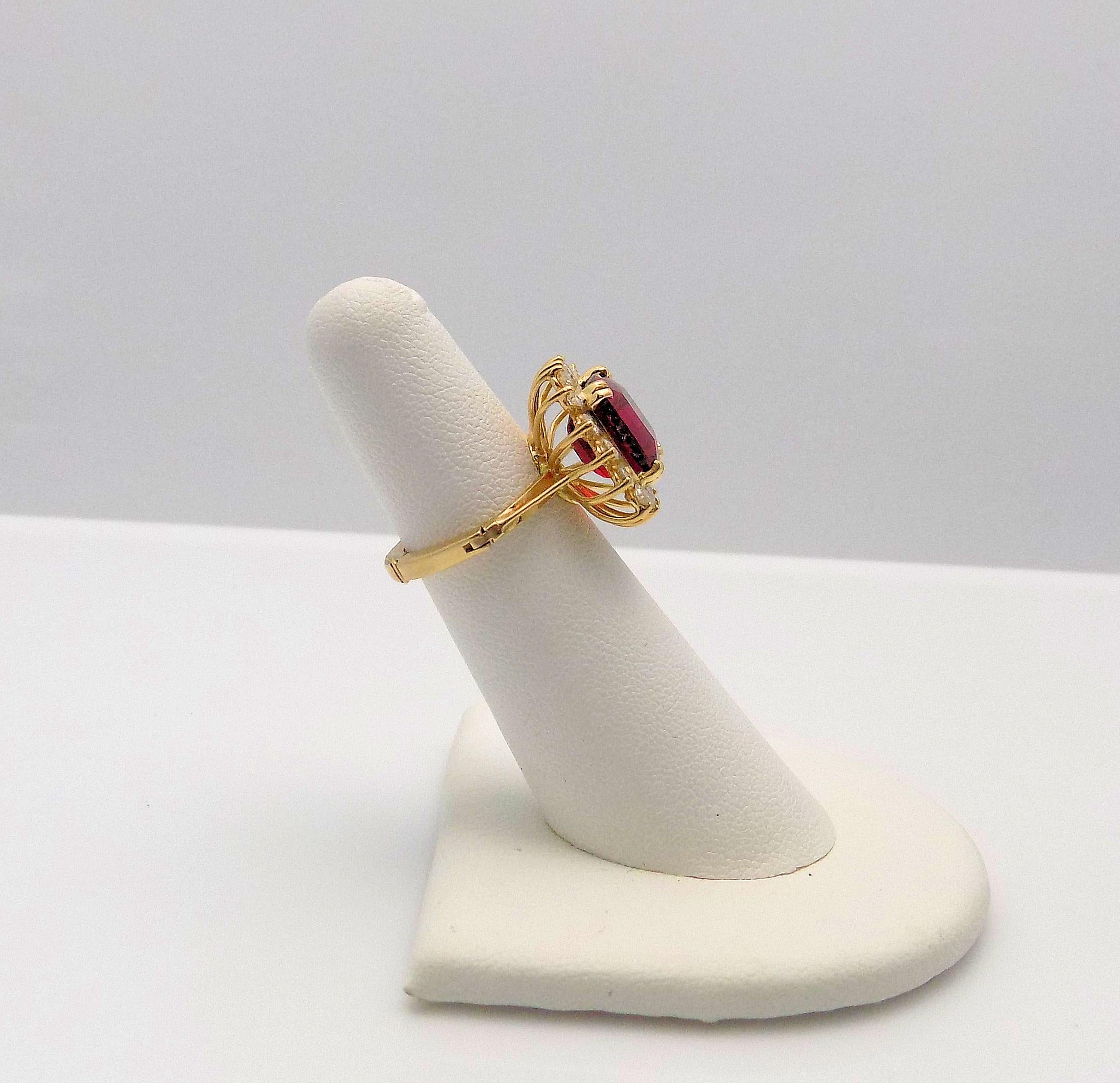 Cushion Cut Rubellite and Diamond Ring For Sale