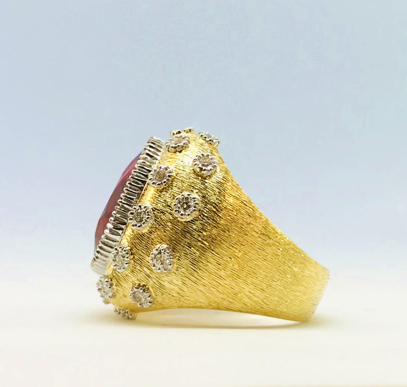 Contemporary Rubellite and Diamond Yellow and White Gold Ring For Sale