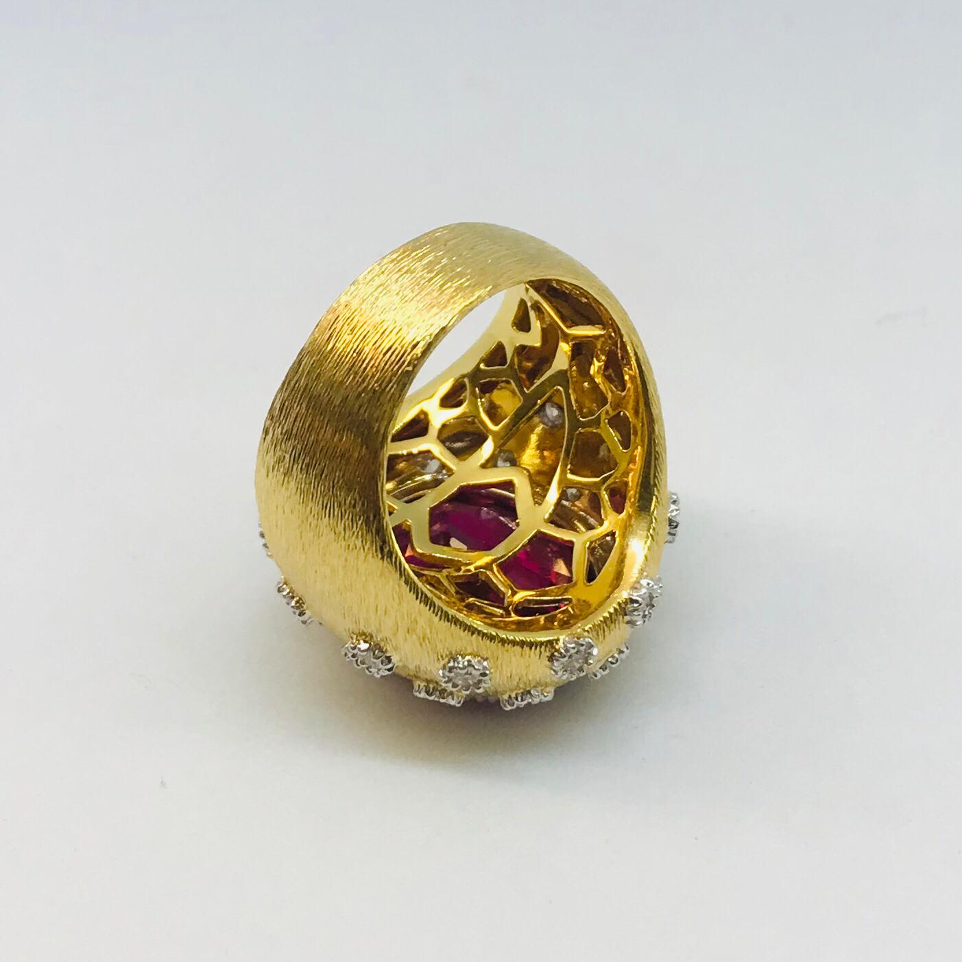 Women's or Men's Rubellite and Diamond Yellow and White Gold Ring For Sale