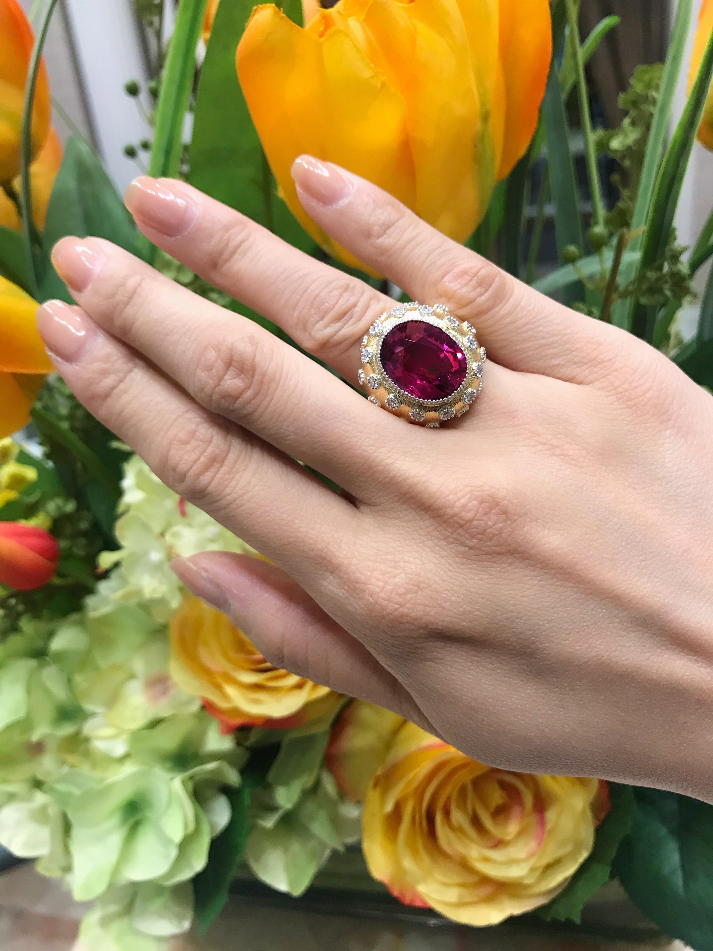 Rubellite and Diamond Yellow and White Gold Ring For Sale 2