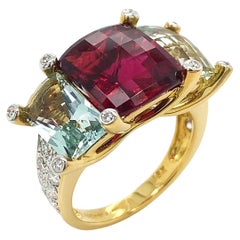 Rubellite and Green Beryl Three Stone Diamond 18K Yellow Gold Ring