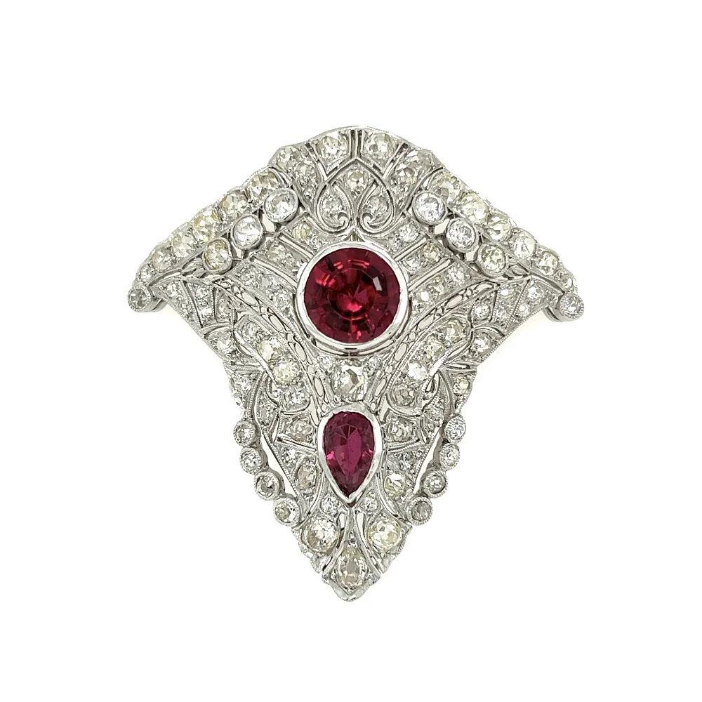 Women's Rubellite and OEC Diamond Vintage Art Deco Platinum Brooch Pin For Sale