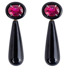 Rubellite And Onix Drop Earrings / 18k Yellow Gold