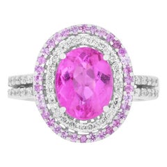 Rubellite and Pink Sapphire Double Halo 14 Karat White Gold Diamond Fashion Ring Rubellite and Pink Sapphire Double Halo 14 Karat White Gold Diamond Fashion Ring