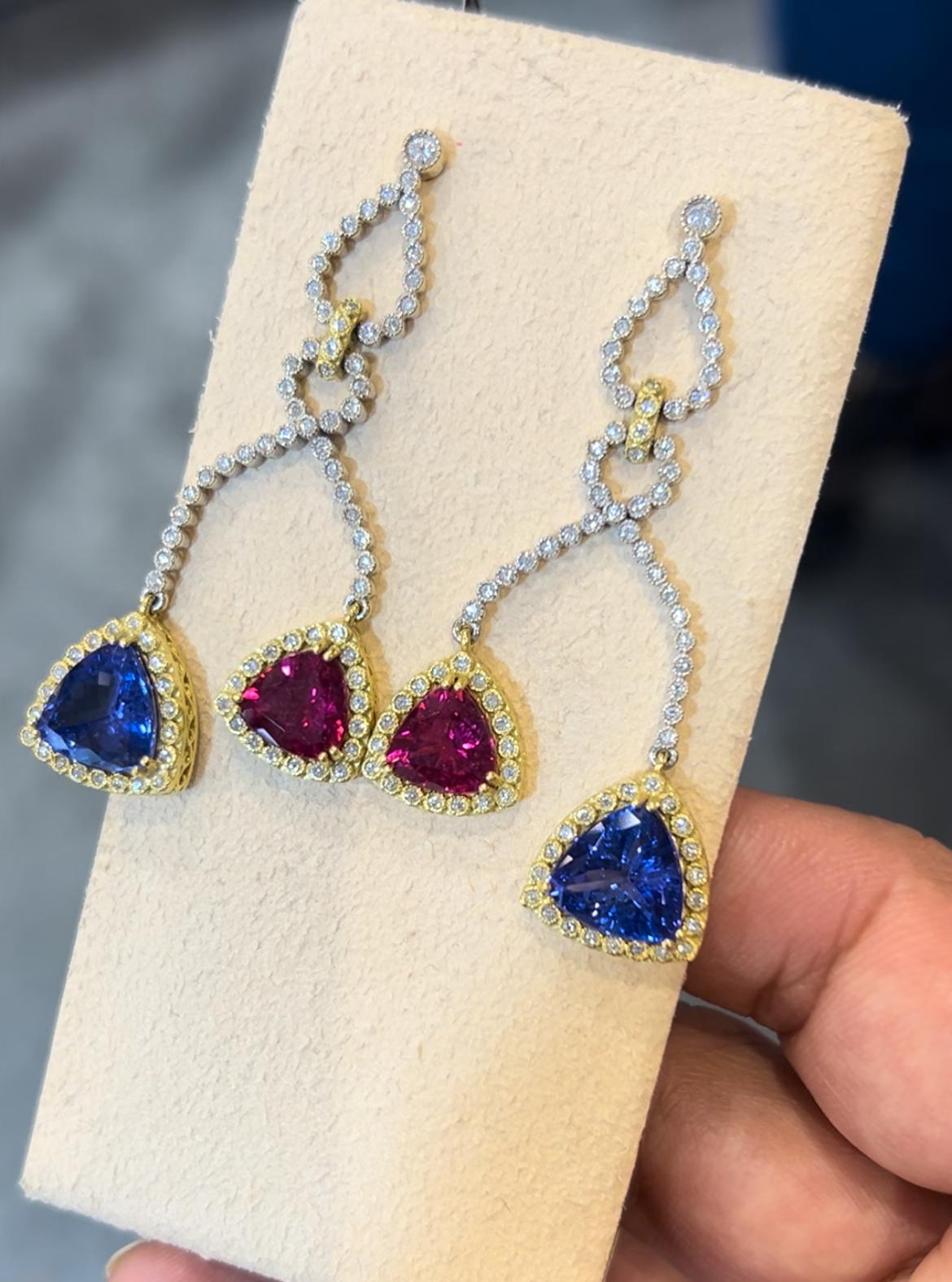 Trillion Cut Rubellite and Tanzanite Earrings. 13.70 carats. For Sale