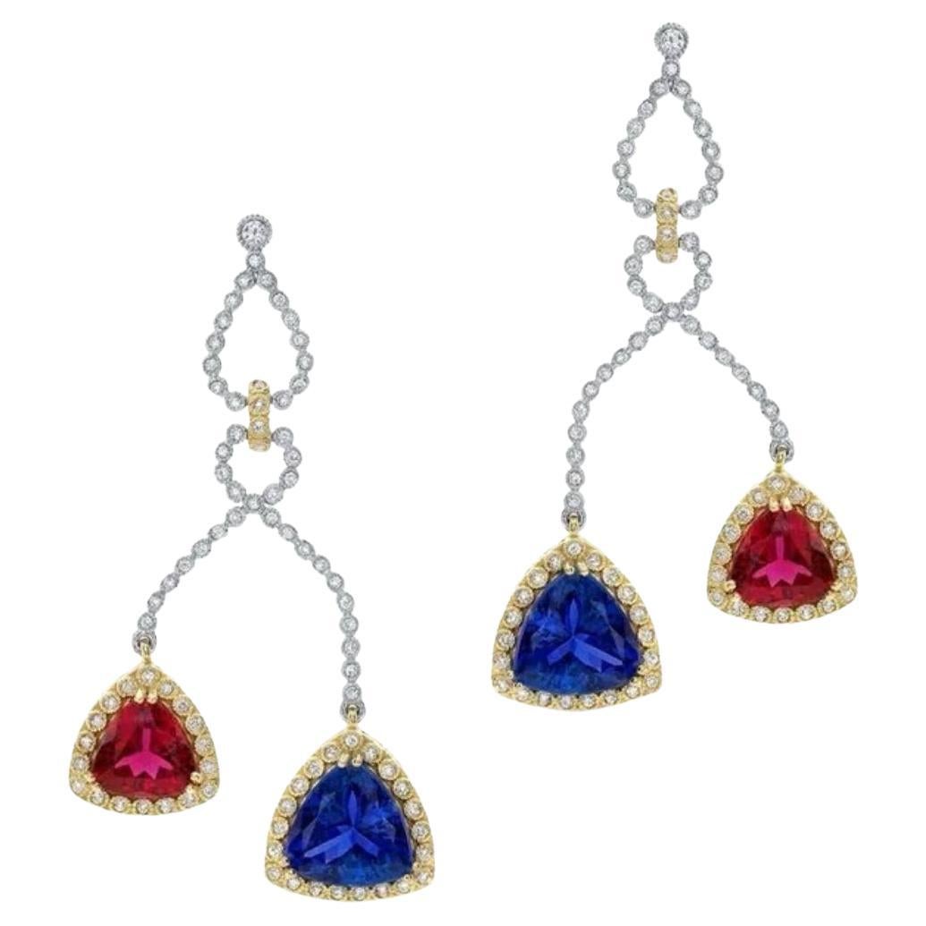 Rubellite and Tanzanite Earrings. 13.70 carats. For Sale