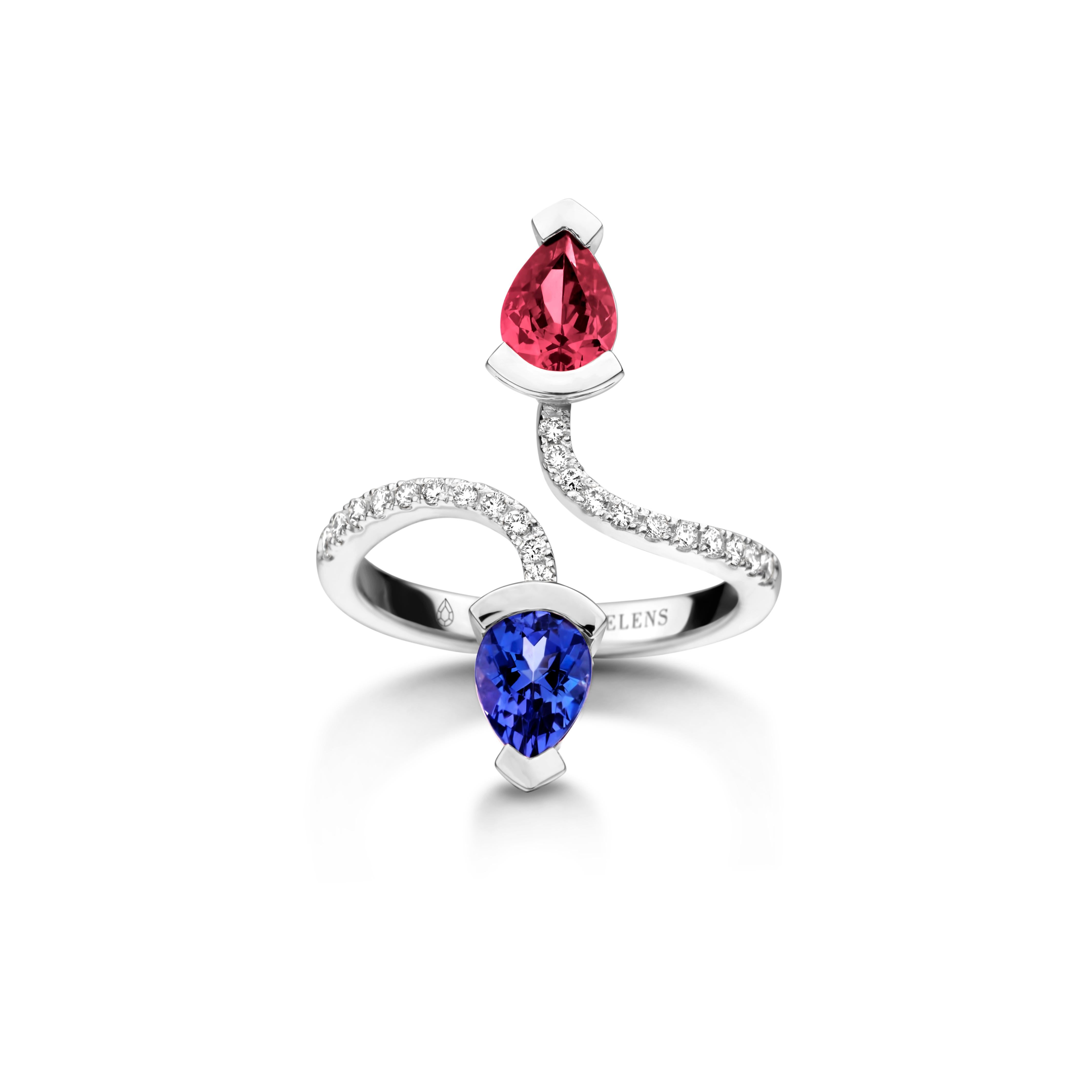 Contemporary Rubellite And Tanzanite Yellow Gold Diamond Cocktail Ring For Sale