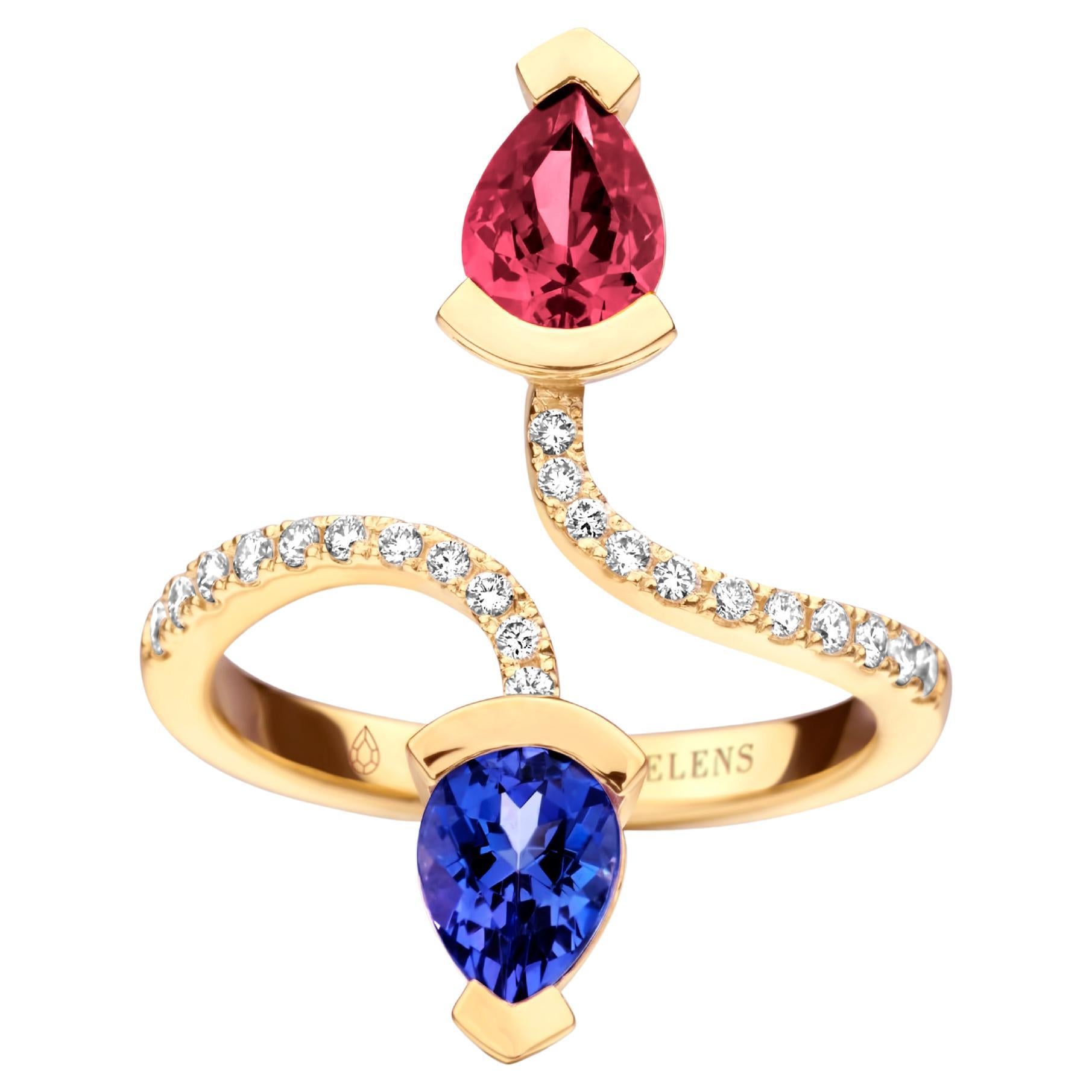Rubellite And Tanzanite Yellow Gold Diamond Cocktail Ring For Sale