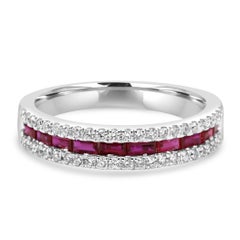 Rubellite Baguette & Diamond Round Three-Row 14 Karat White Gold Eternity Ring