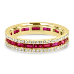 Rubellite Baguette & Diamond Round Three-Row 18 Karat Gold Fashion Band Ring