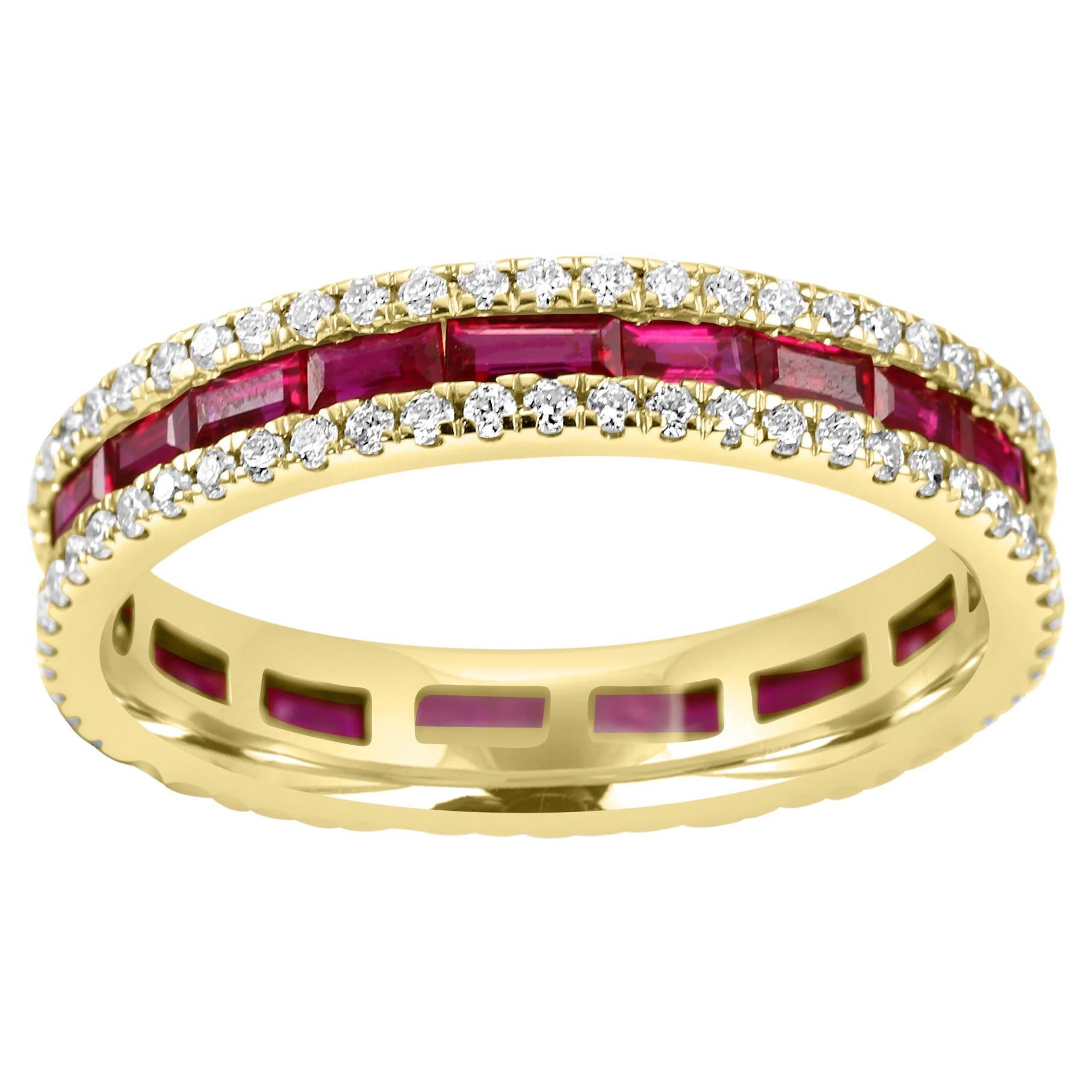 Rubellite Baguette & Diamond Round Three-Row 18 Karat Gold Fashion Band Ring