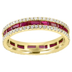 Rubellite Baguette & Diamond Round Three-Row 18 Karat Gold Fashion Band Ring