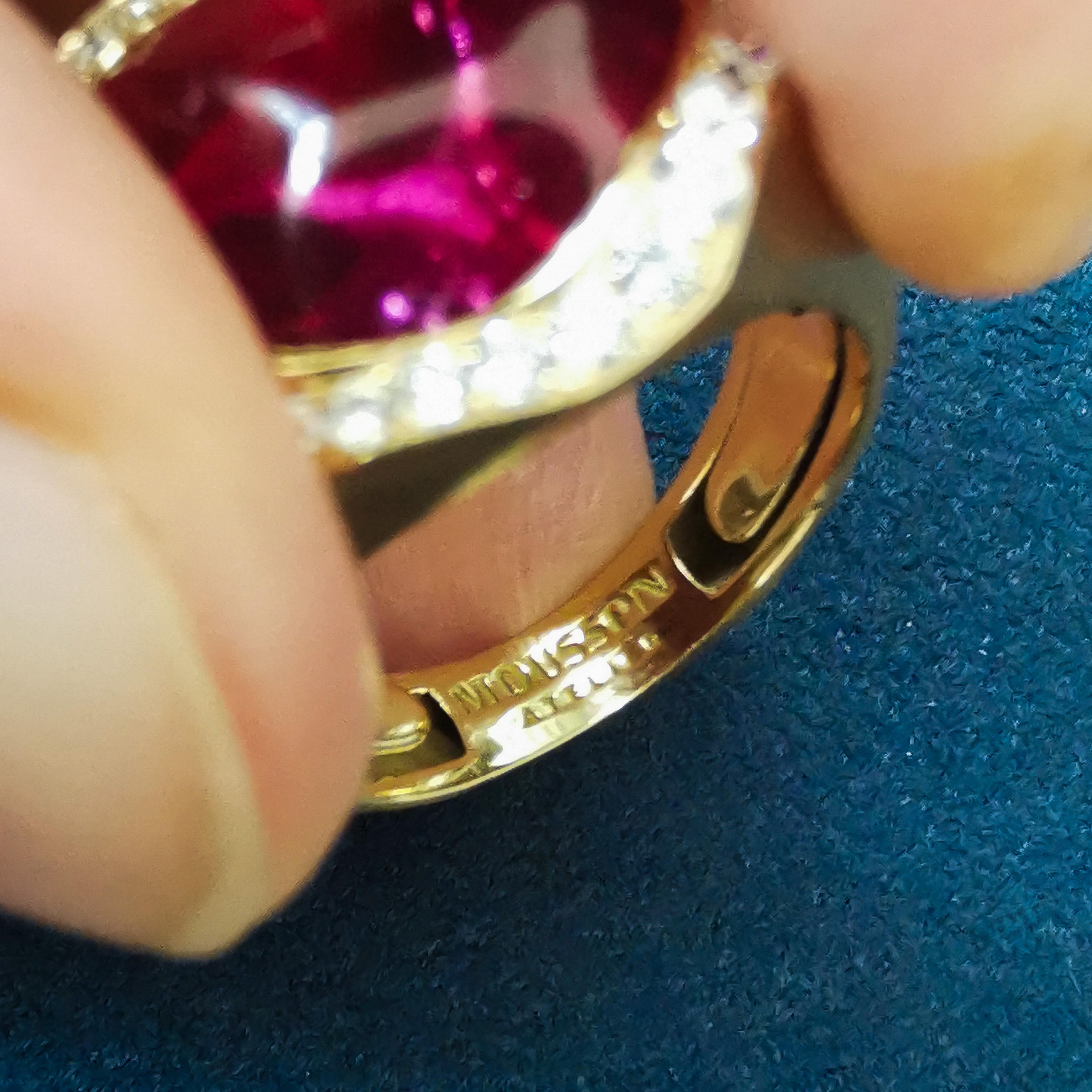 Rubellite Baroque 8.11 Carat Diamonds 18 Karat Yellow Matte Gold Spectrum Ring For Sale 1