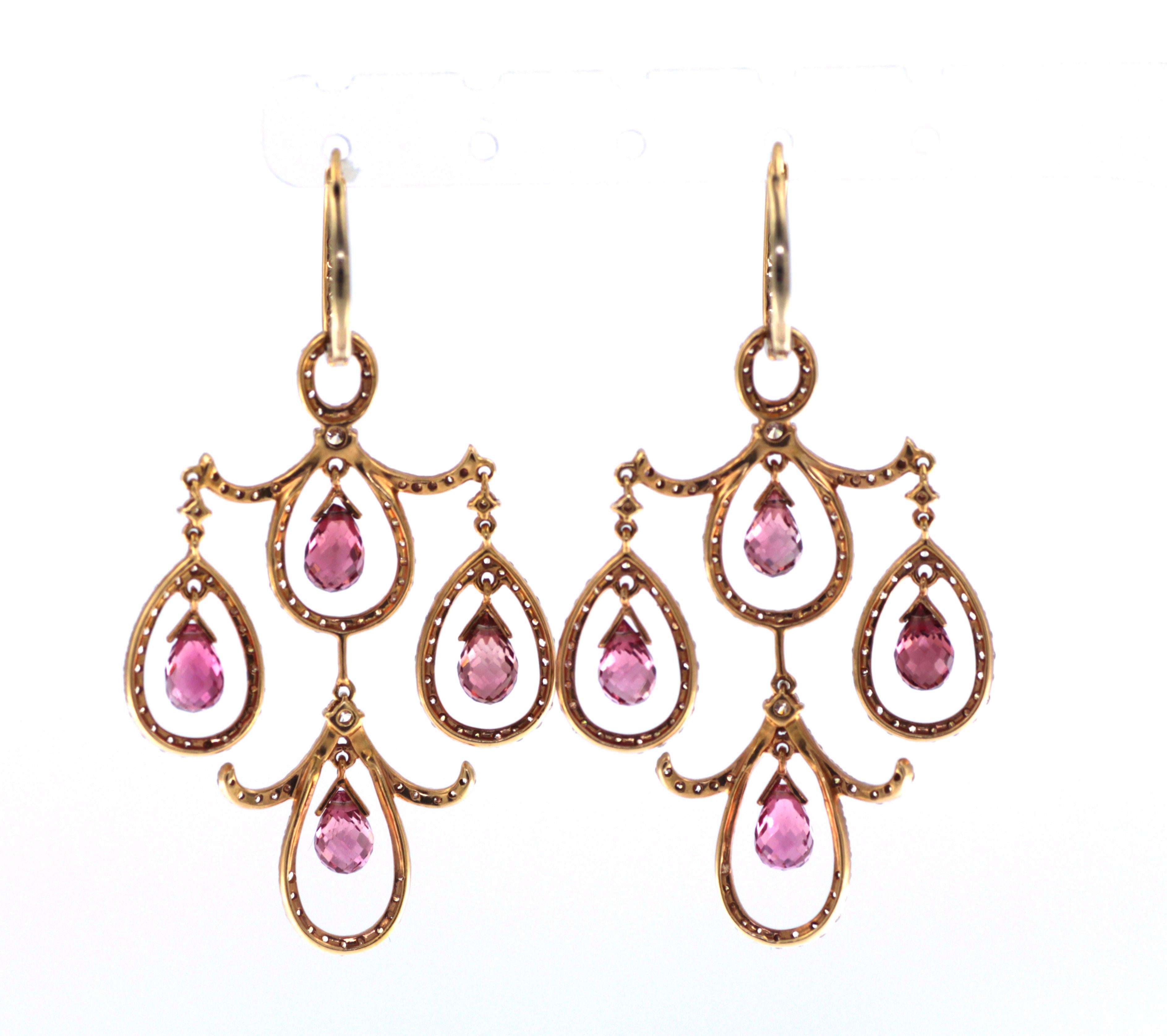 Art déco Vintage 7.35 carat Briolette and Diamond Chandelier Earring in 18K Rose Gold en vente