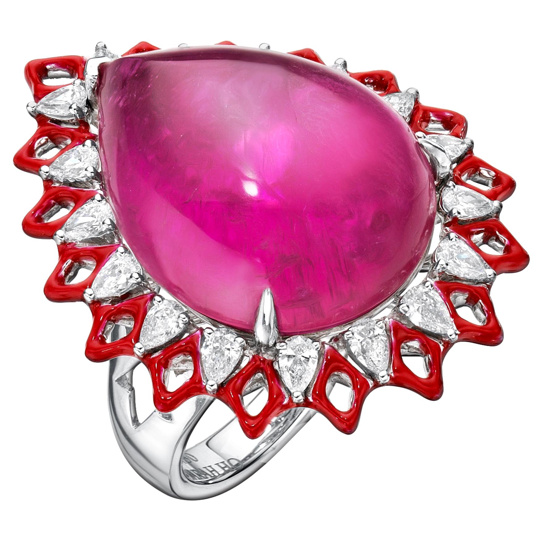 Rubellite Cabochon and Diamonds with Enamel 18kt White Gold Ring For Sale