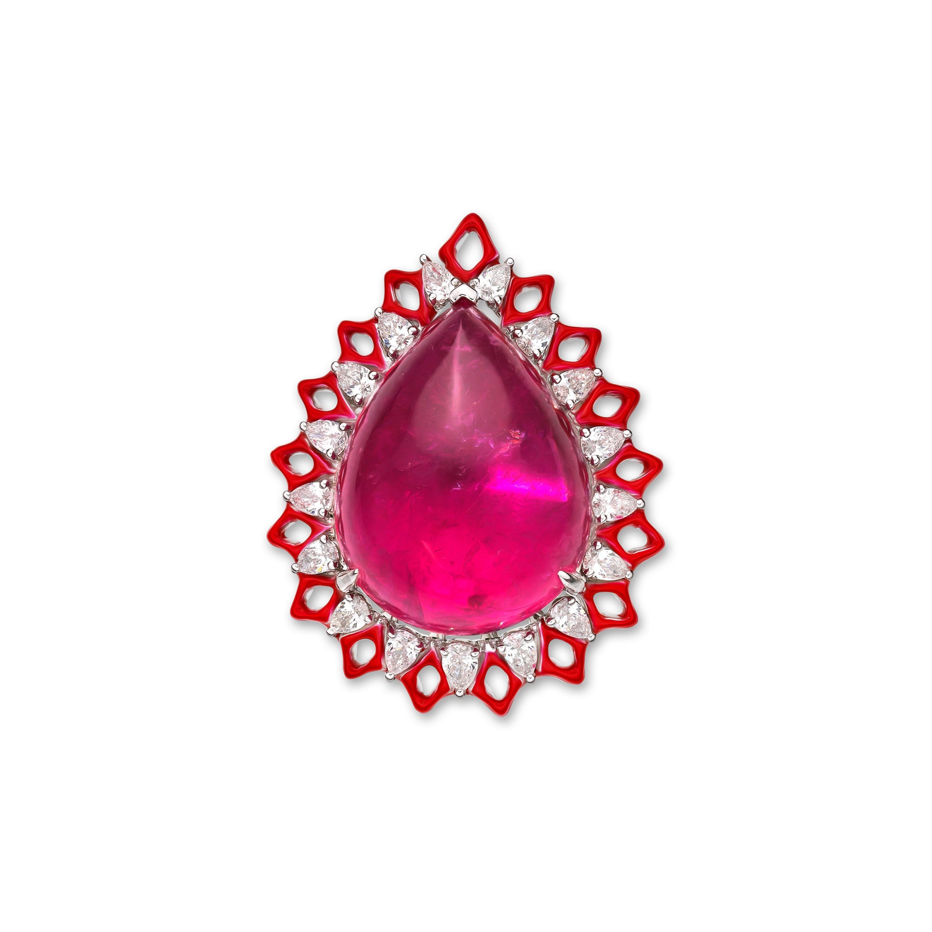 Rubellite Cabochon and Diamonds with Enamel 18kt White Gold Ring For Sale 1