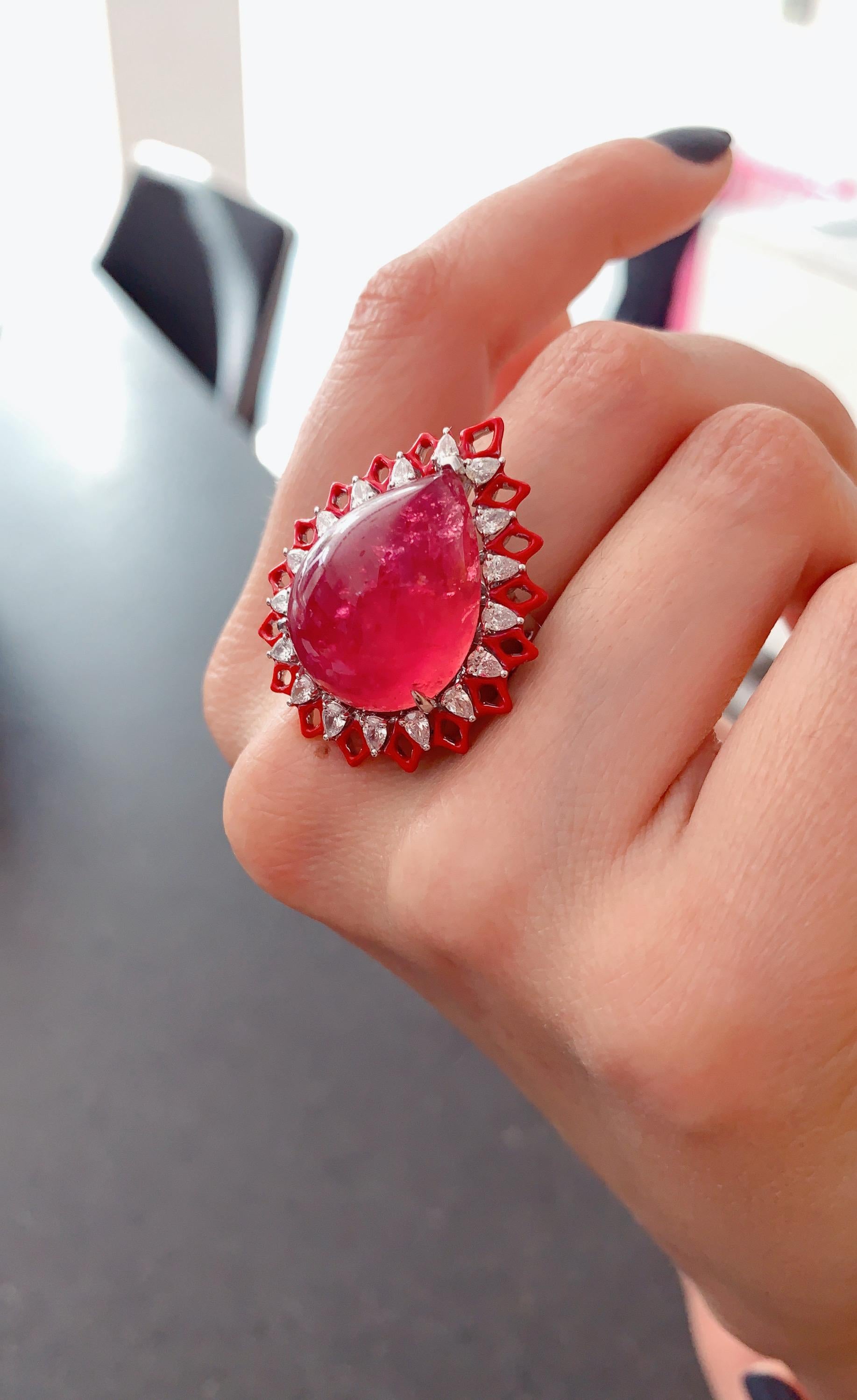 Rubellite Cabochon and Diamonds with Enamel 18kt White Gold Ring For Sale 3