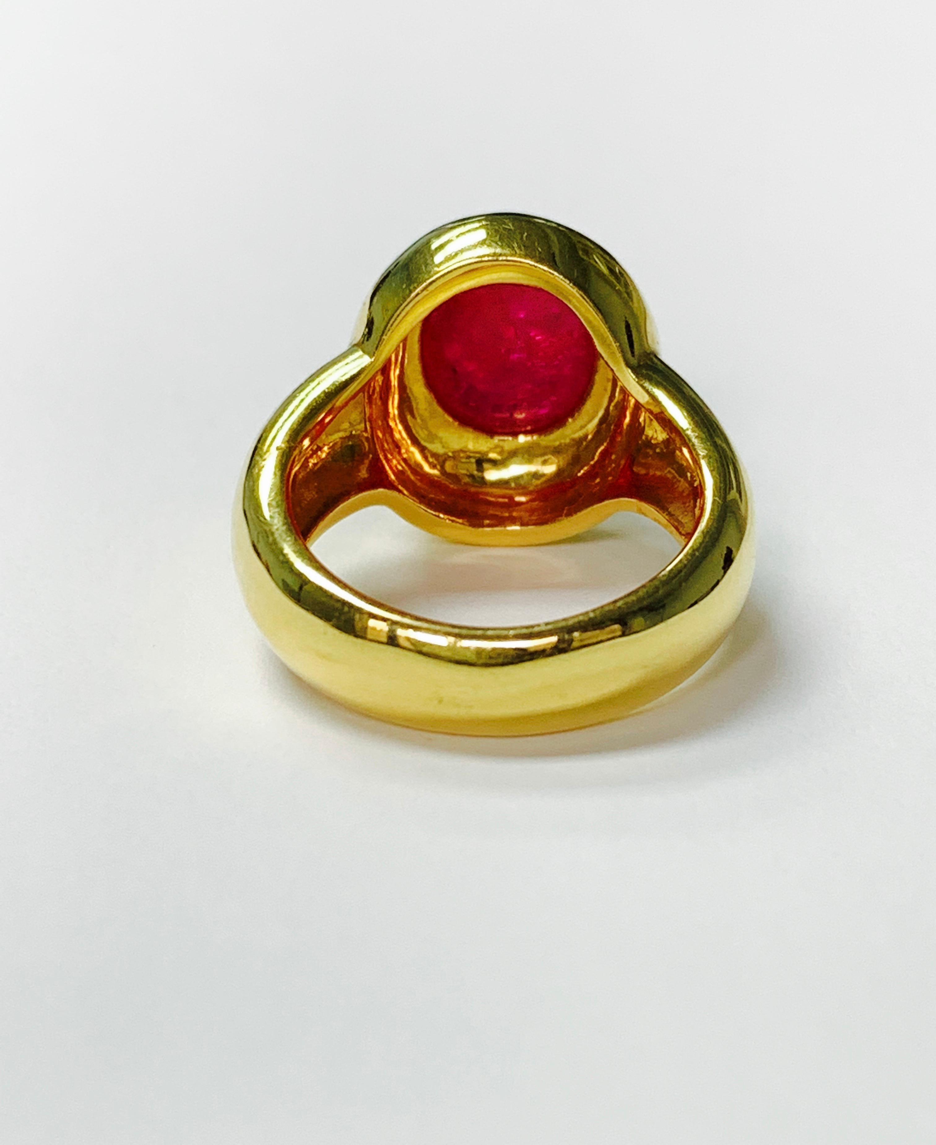 Oval Cut Rubellite Cabochon Engagement Ring in 18K Yellow Gold For Sale