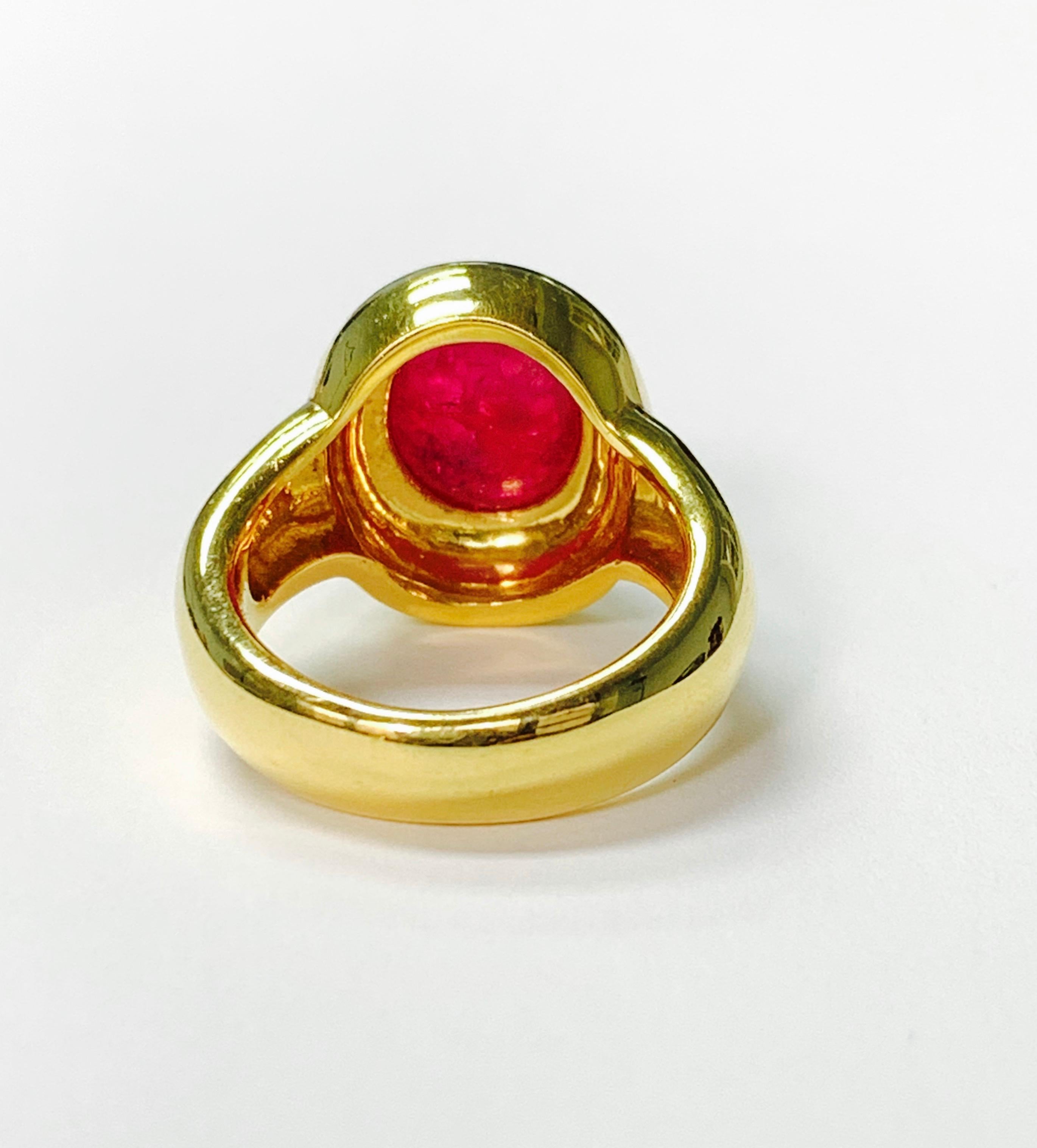 Rubellite Cabochon Engagement Ring in 18K Yellow Gold For Sale 2