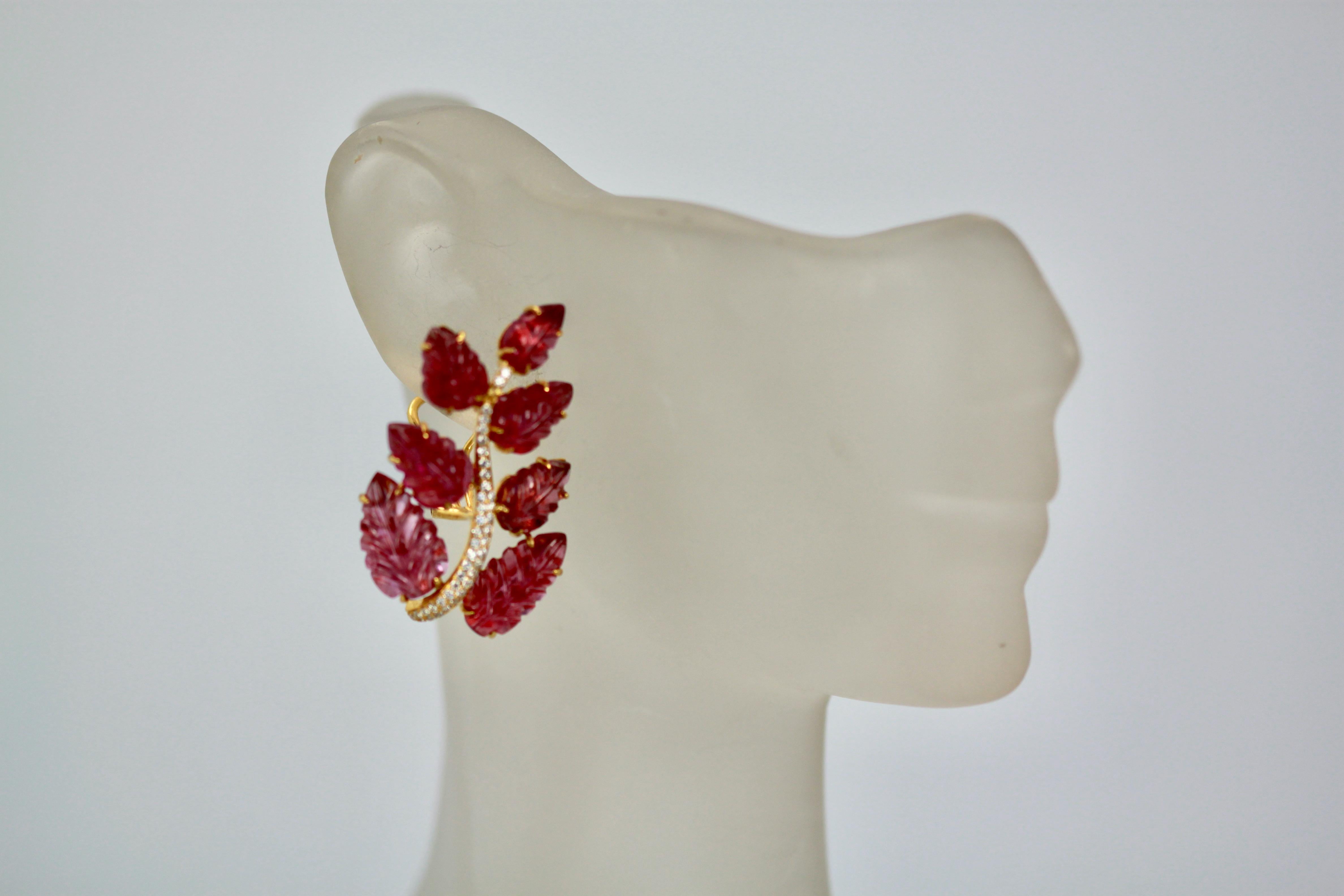 Aesthetic Movement Rubellite Carved Leaf Earrings 17.5 Carats 14K For Sale