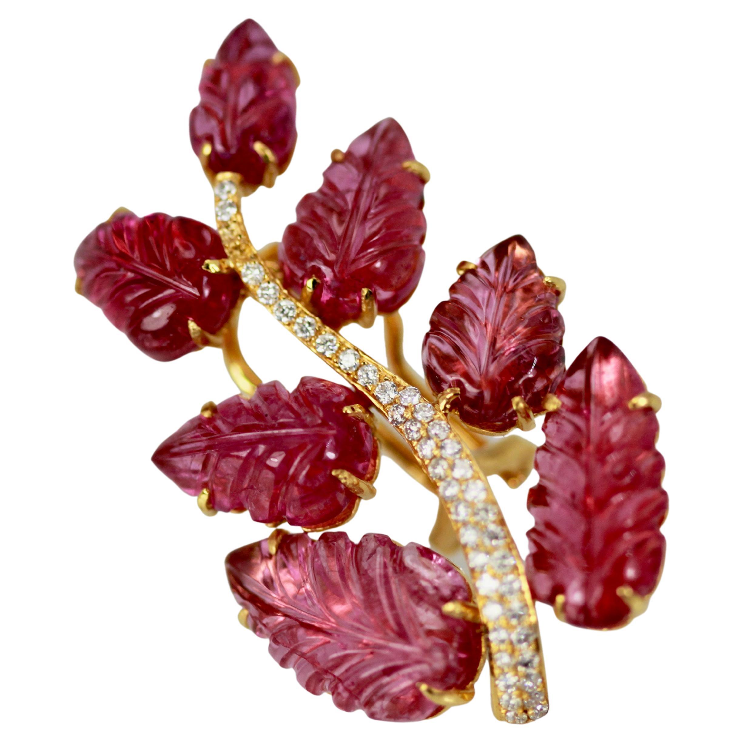 Rubellite Carved Leaf Earrings 17.5 Carats 14K For Sale
