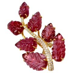 Rubellite Carved Leaf Earrings 17.5 Carats 14K