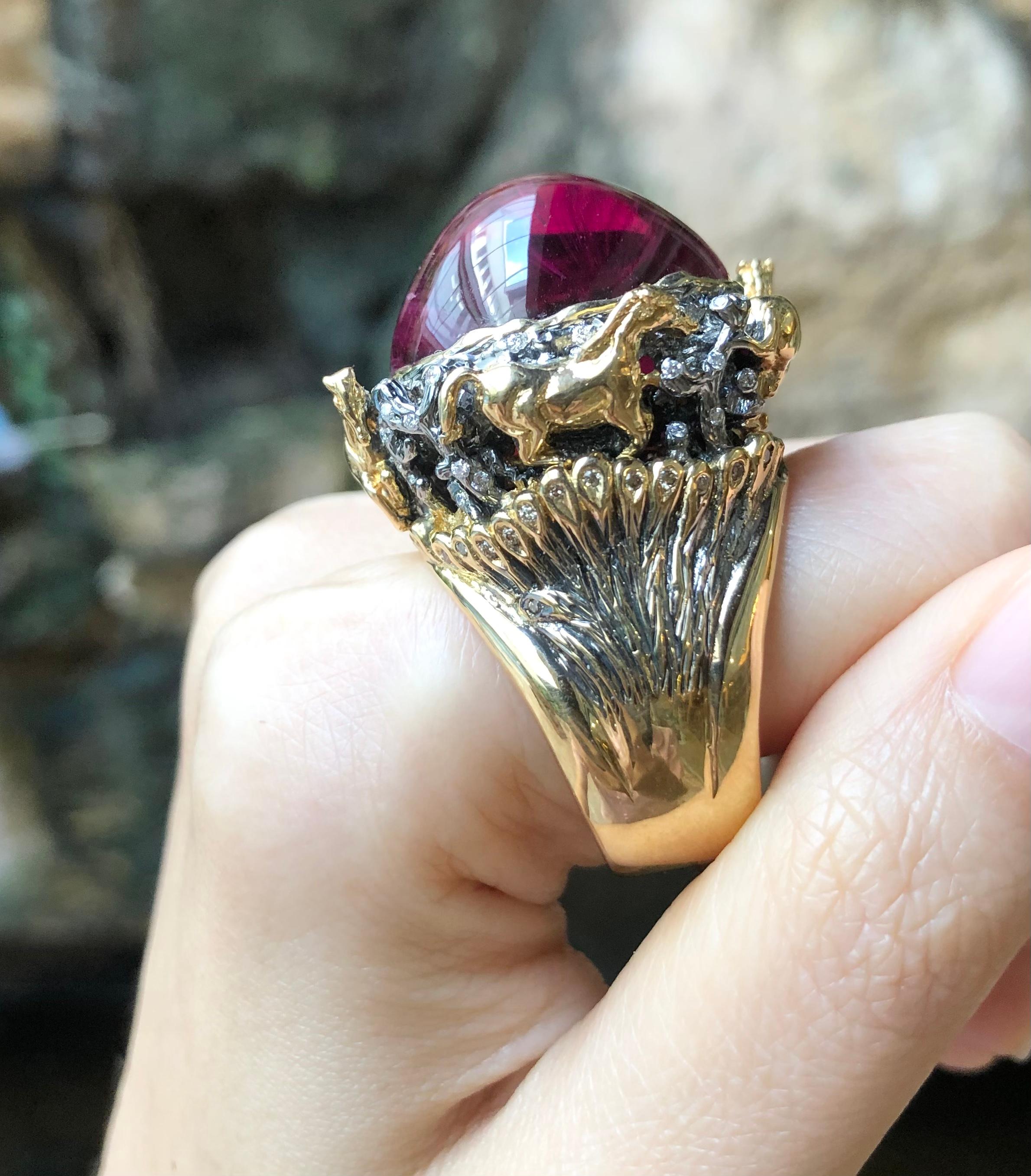 Cabochon Certified Rubellite Cat's Eye, Brown Diamond with Diamond Horse Ring in 18K Gold For Sale