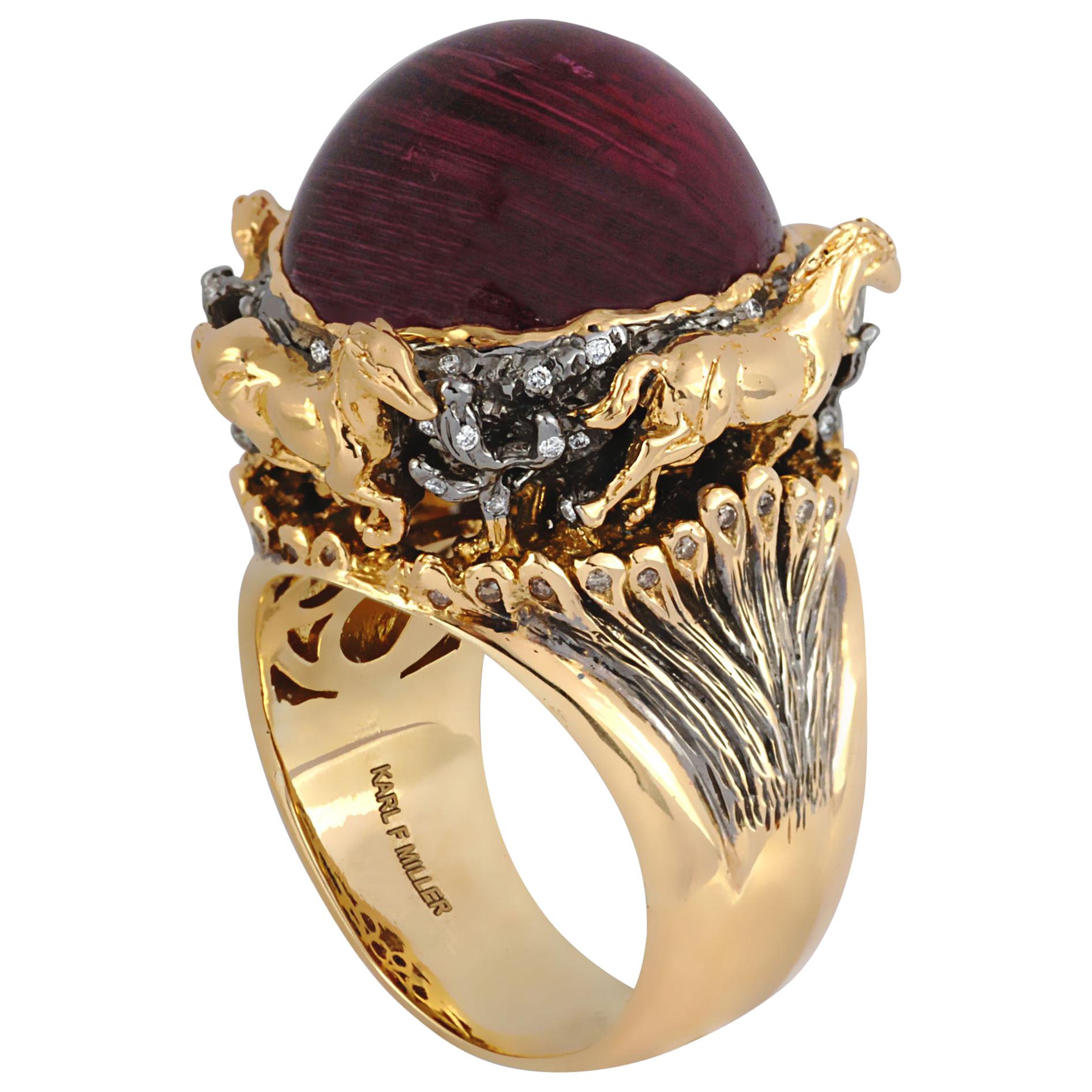 Certified Rubellite Cat's Eye, Brown Diamond with Diamond Horse Ring in 18K Gold For Sale