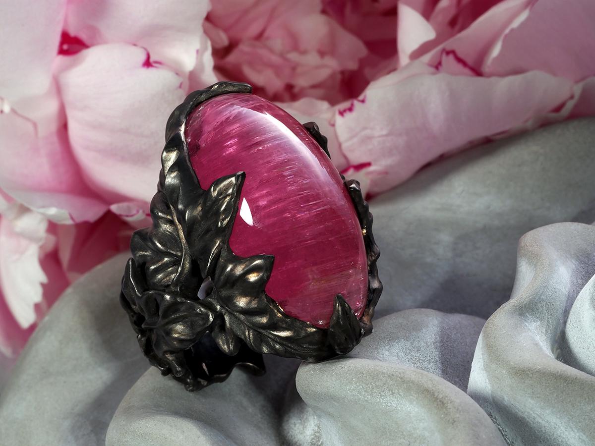 Artisan Rubellite Cat's Eye Pink Tourmaline Ivy Black Ring