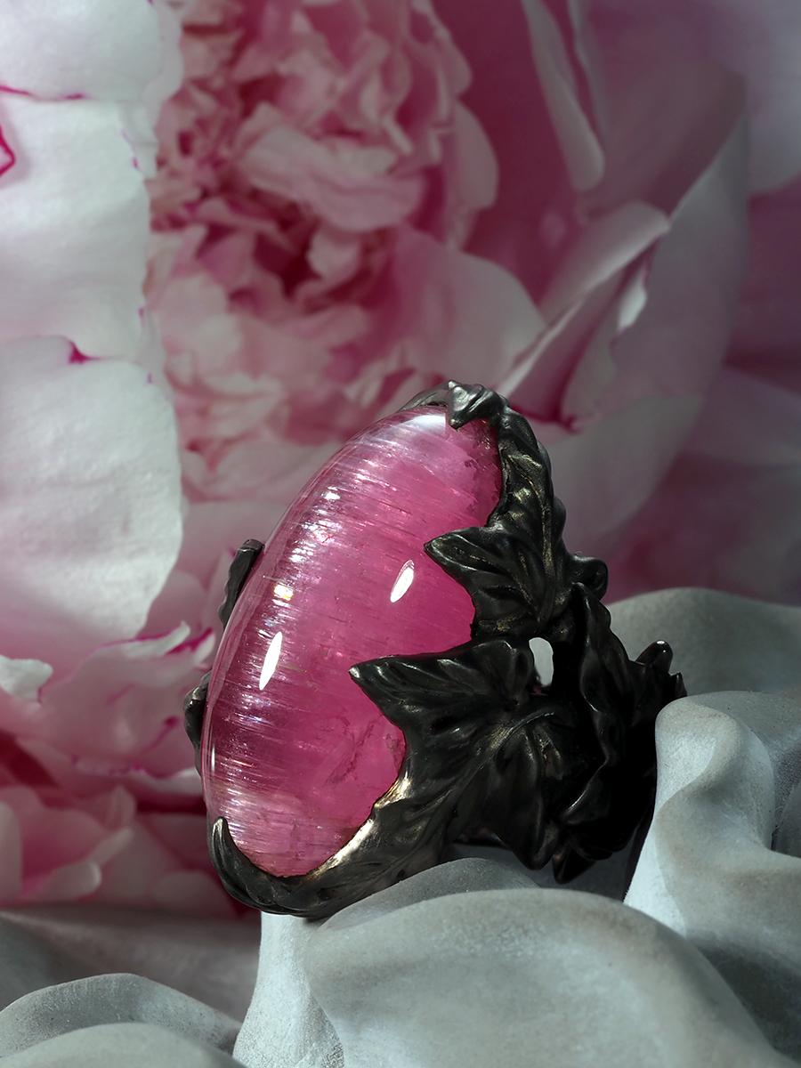Women's or Men's Rubellite Cat's Eye Pink Tourmaline Ivy Black Ring