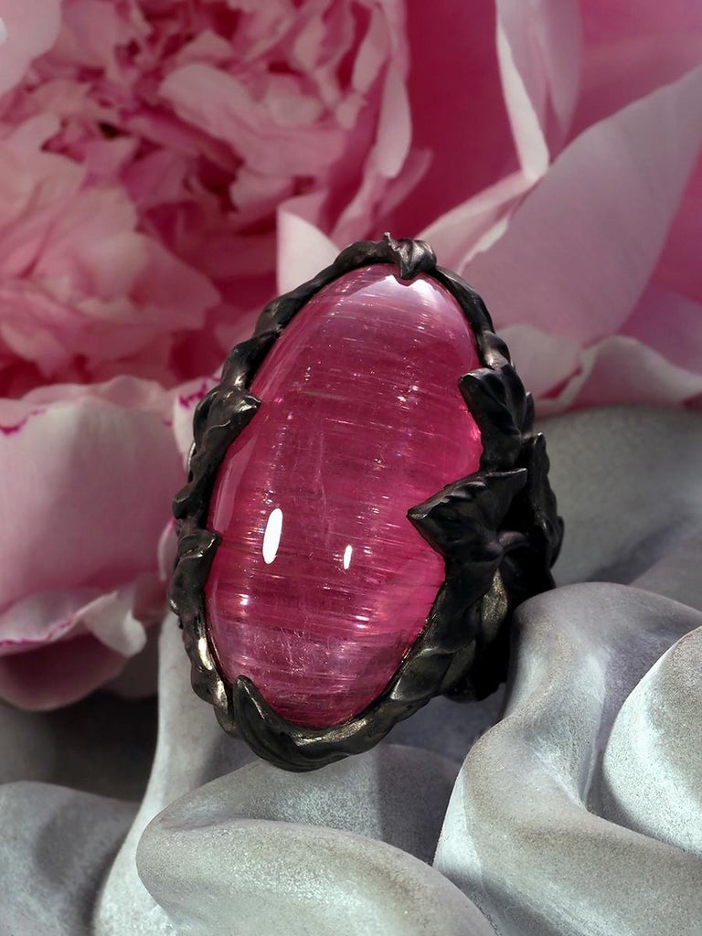 Rubellite Cat's Eye Pink Tourmaline Ivy Black Ring For Sale at 1stDibs