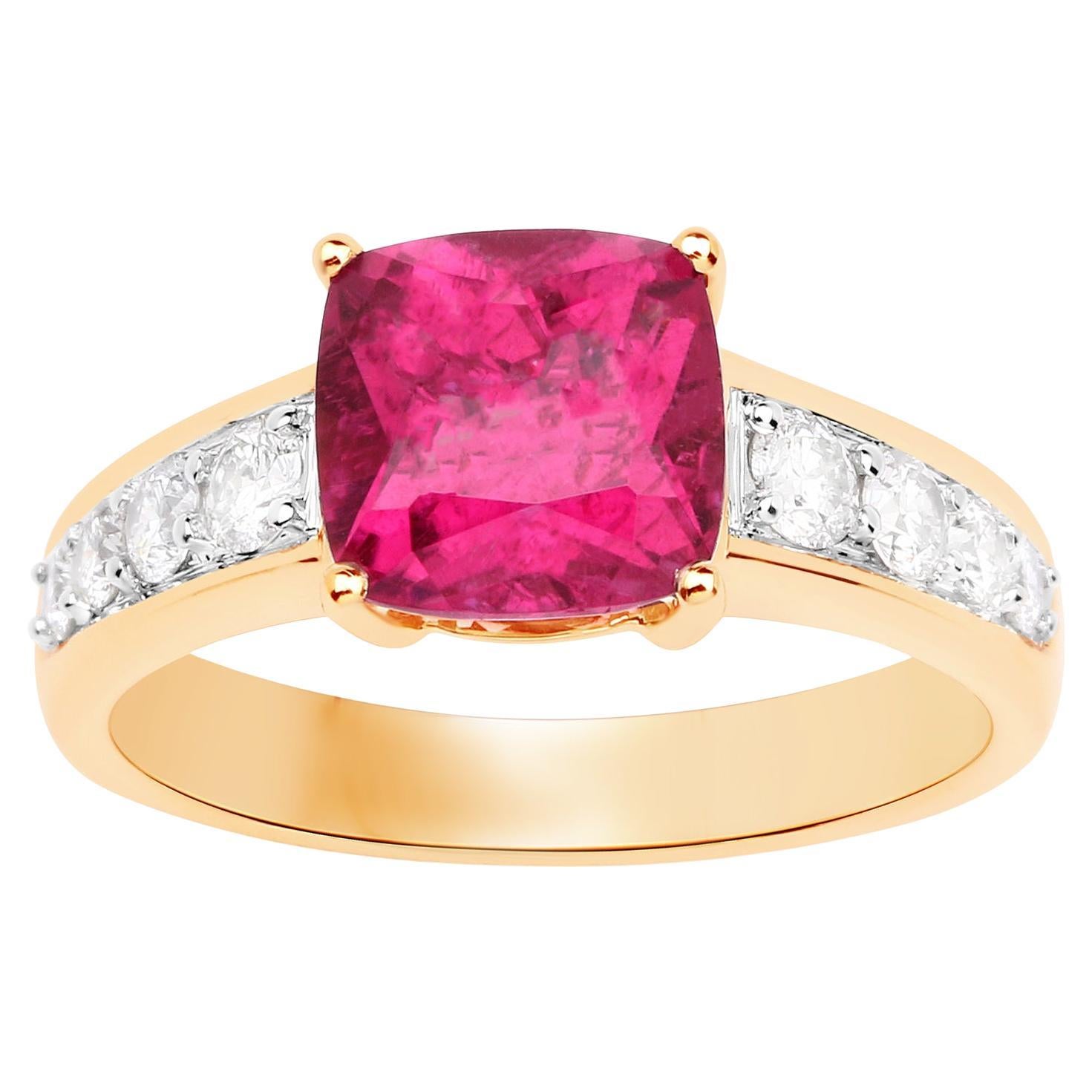 Rubellite Cocktail Ring Diamond Setting 2.7 Carats 14K Yellow Gold For Sale