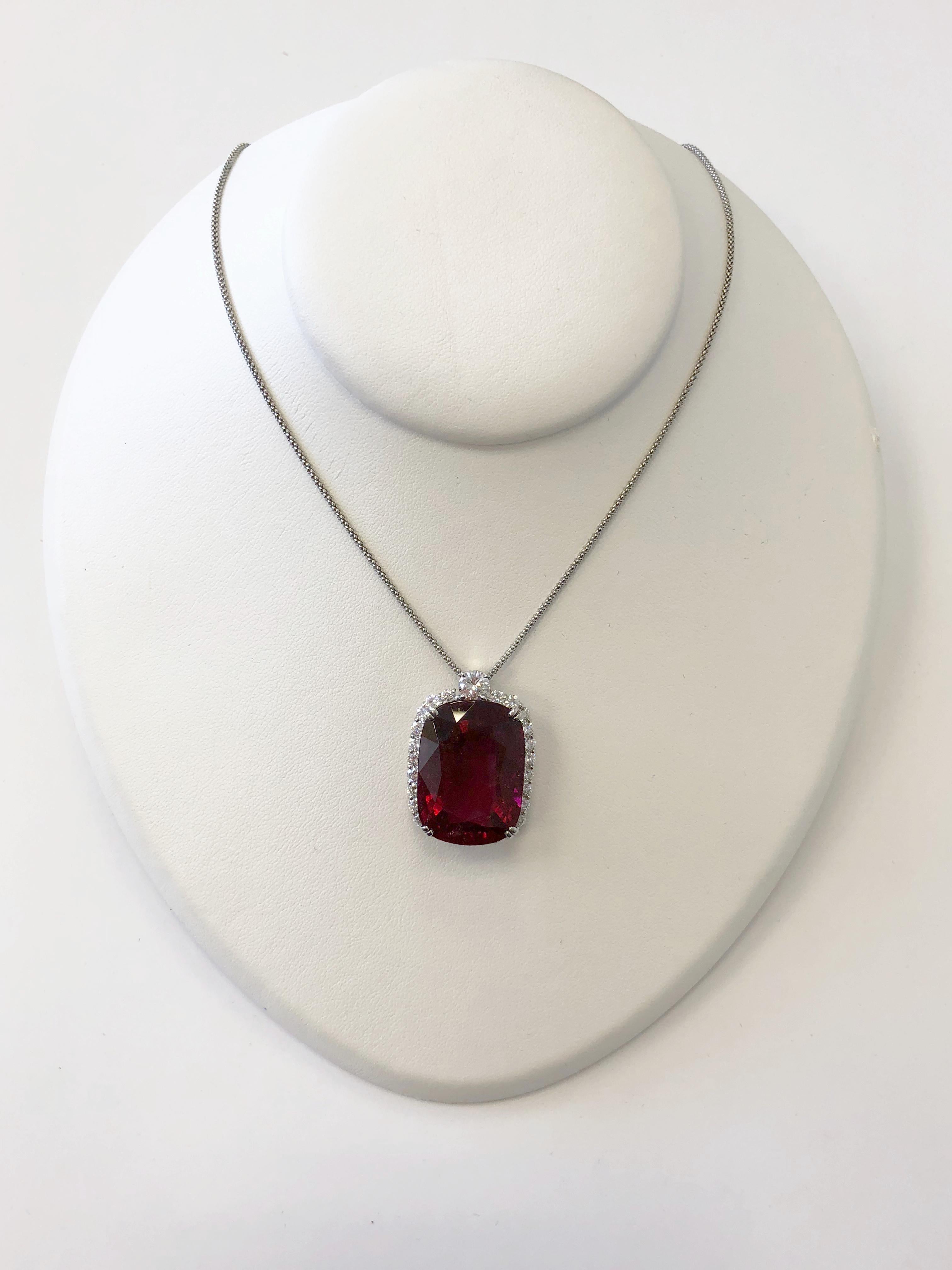 Cushion Cut Rubellite Cushion and White Diamond Pendant Necklace in Platinum