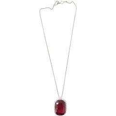 Rubellite Cushion and White Diamond Pendant Necklace in Platinum