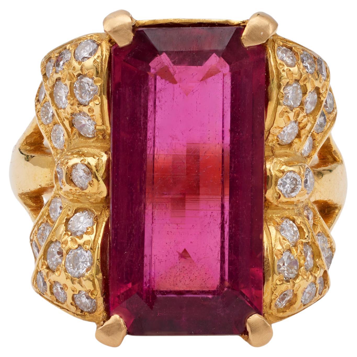 Rubellite Diamond 18k Yellow Gold Ring For Sale