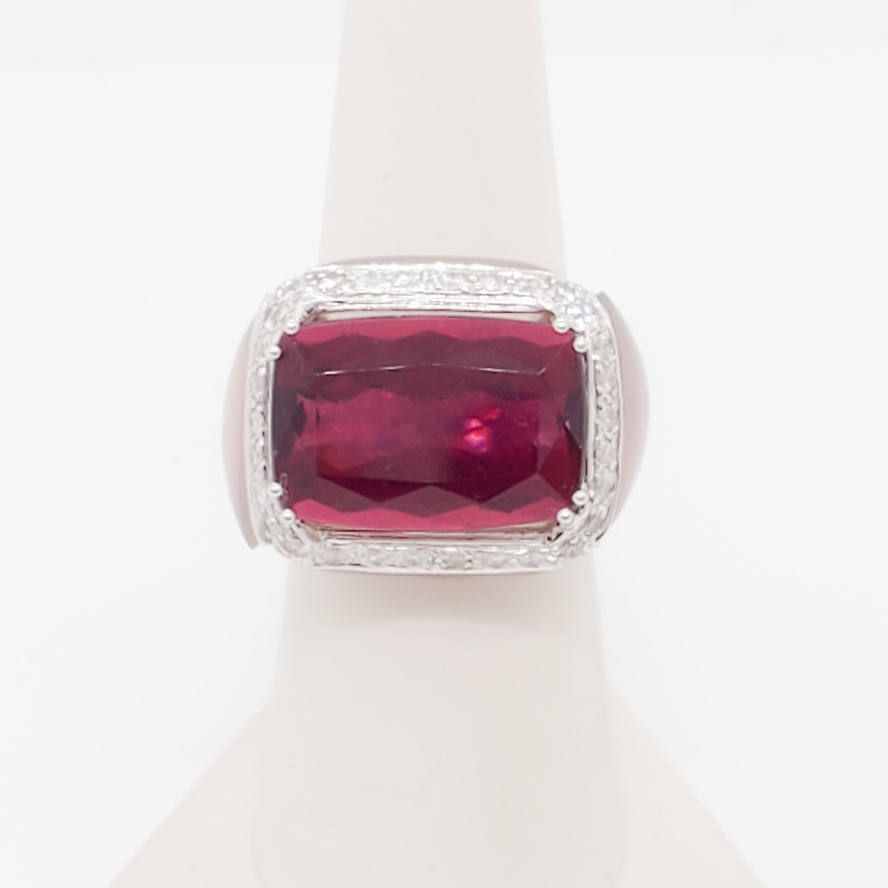 Octagon Cut Rubellite, Diamond, and Rose Quartz Cocktail Ring in 18k White Gold For Sale