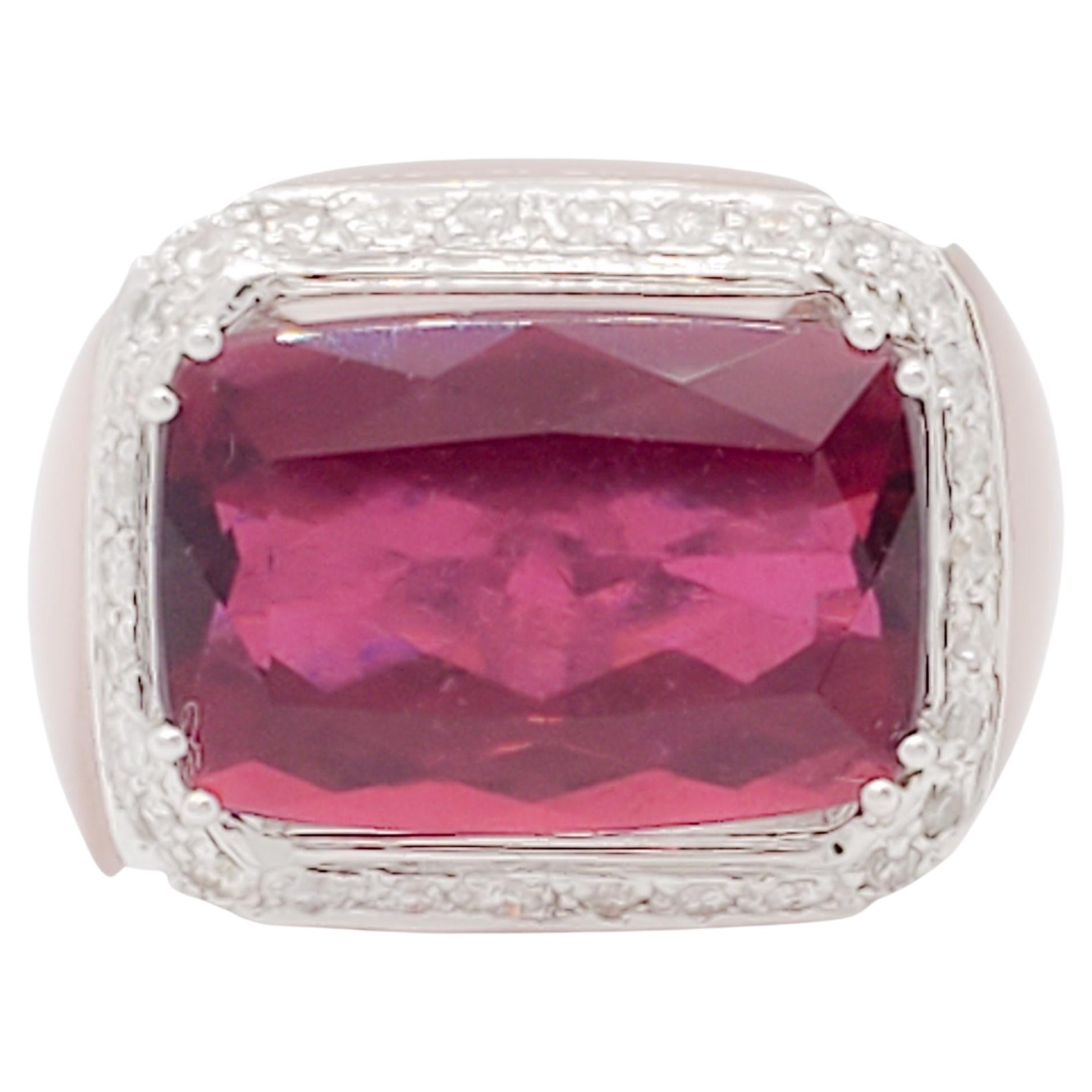 Rubellite, Diamond, and Rose Quartz Cocktail Ring in 18k White Gold For Sale