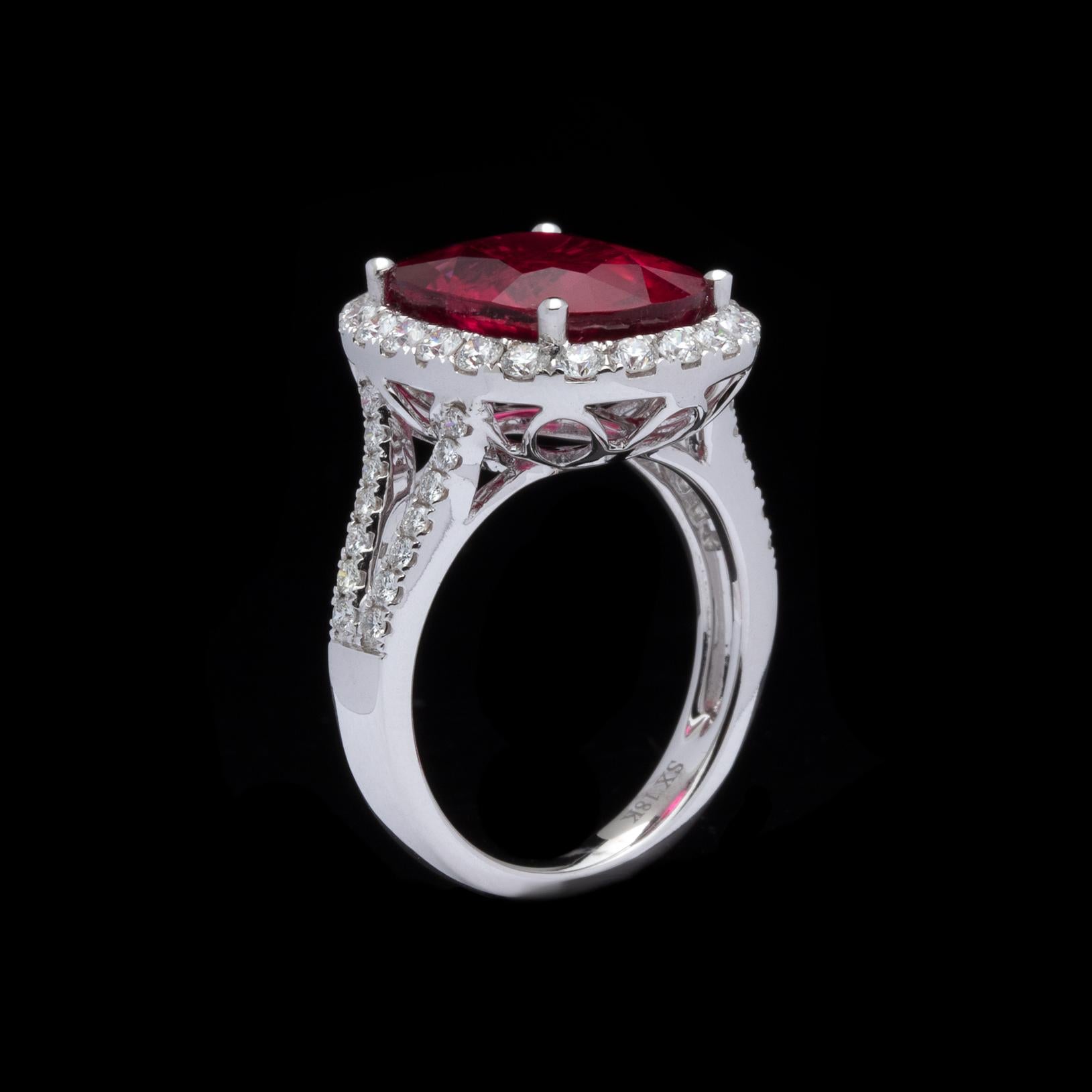 Oval Cut Rubellite, Diamond and White Gold Ring