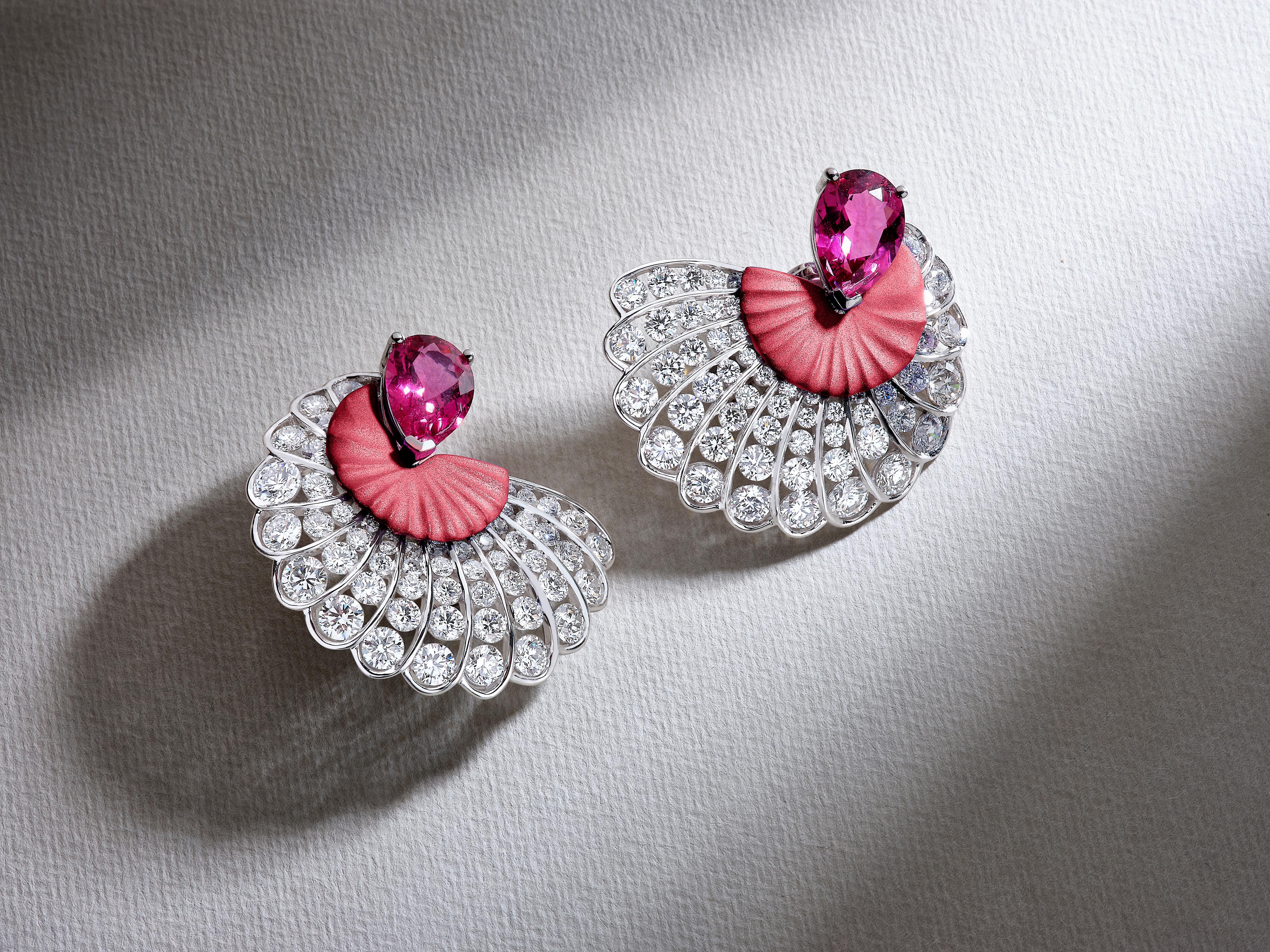 Pear Cut Rubellite & Diamond Earrings For Sale