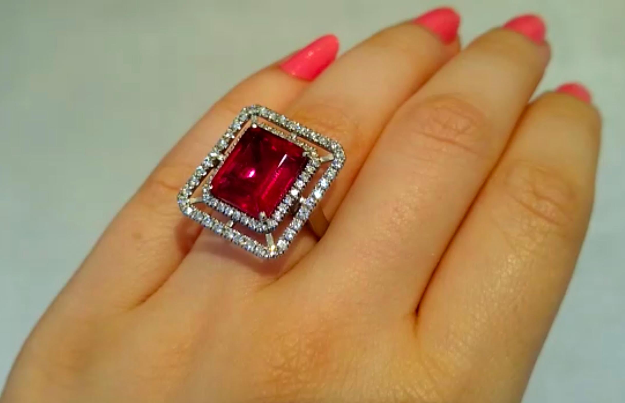This stunning octagon cut rubellite, also known as red tourmaline, truly captured our hearts at Augustine Jewels. We created a bespoke design with two rows of glittering white diamonds, set in 9ct white gold. It is in pristine condition. 