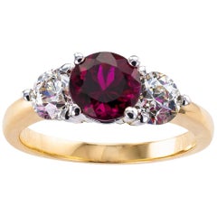 Rubellite Diamond Three-Stone Gold Ring Size 8.75