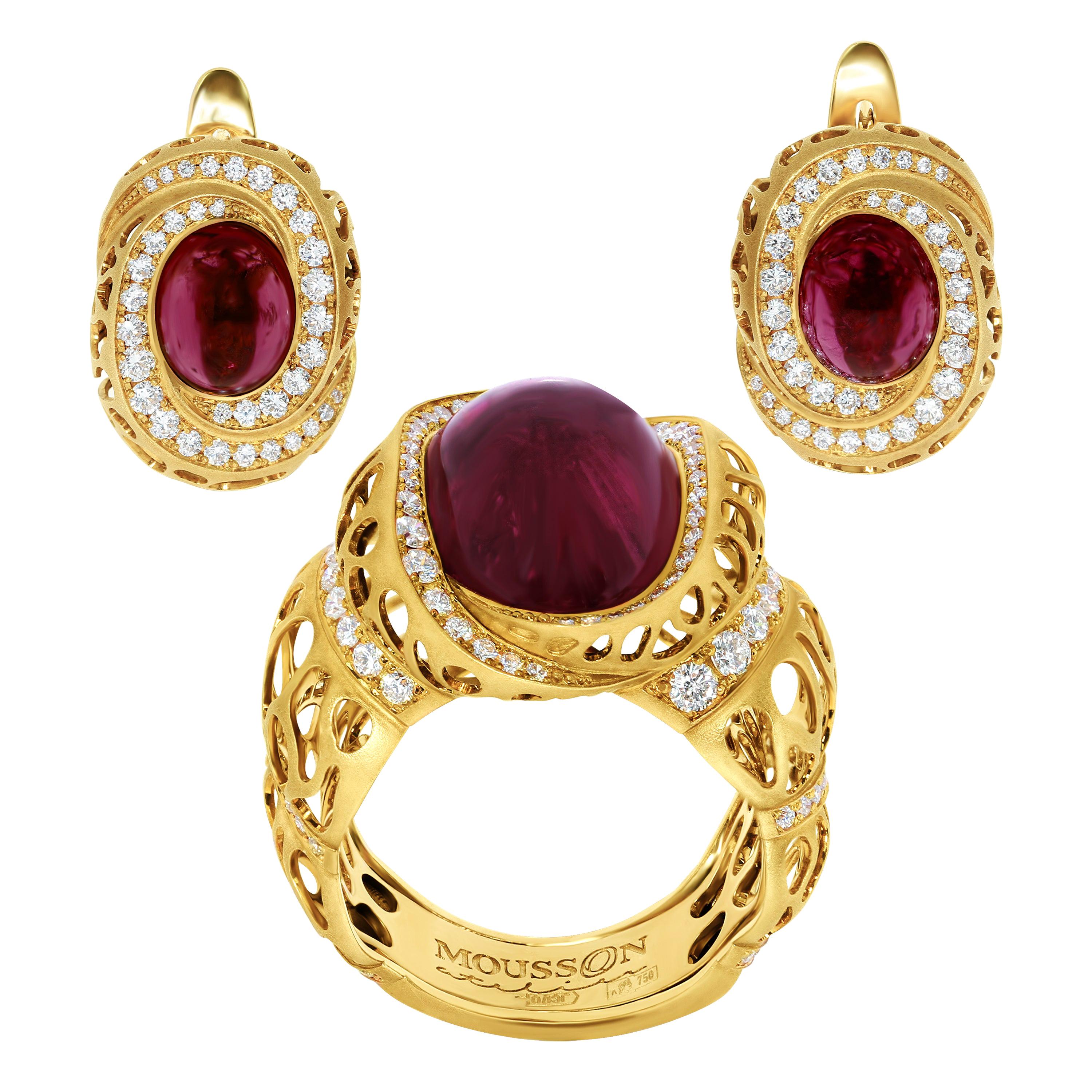 Rubellite Diamonds 18 Karat Yellow Gold Coral Reef Suite For Sale