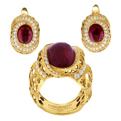 Parure en or jaune 18 carats et corail avec rubellite et diamants