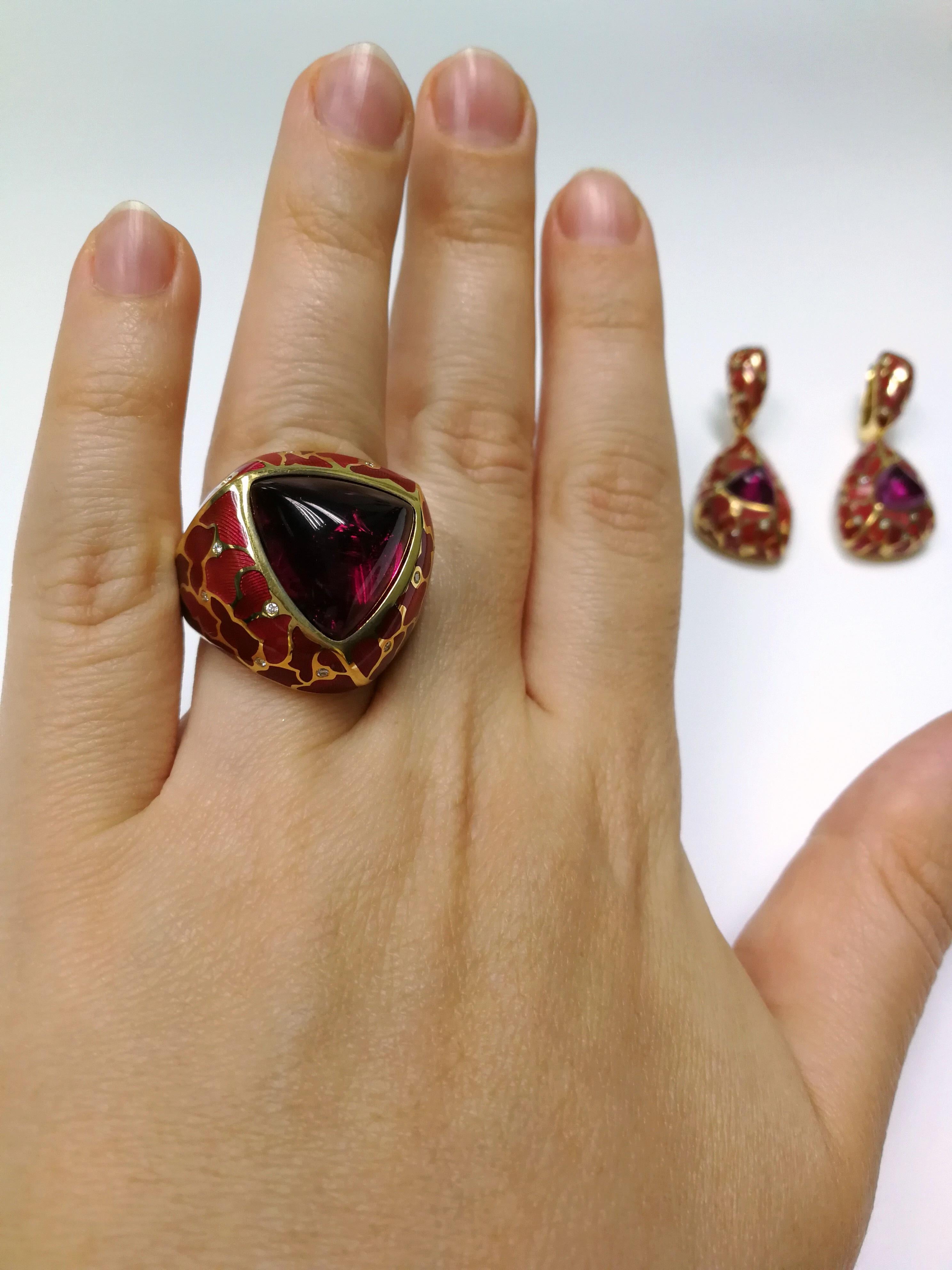 Rubellite Diamonds Enamel 18 Karat Yellow Gold Suite 4