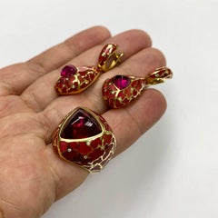Rubellite Diamonds Enamel 18 Karat Yellow Gold Suite