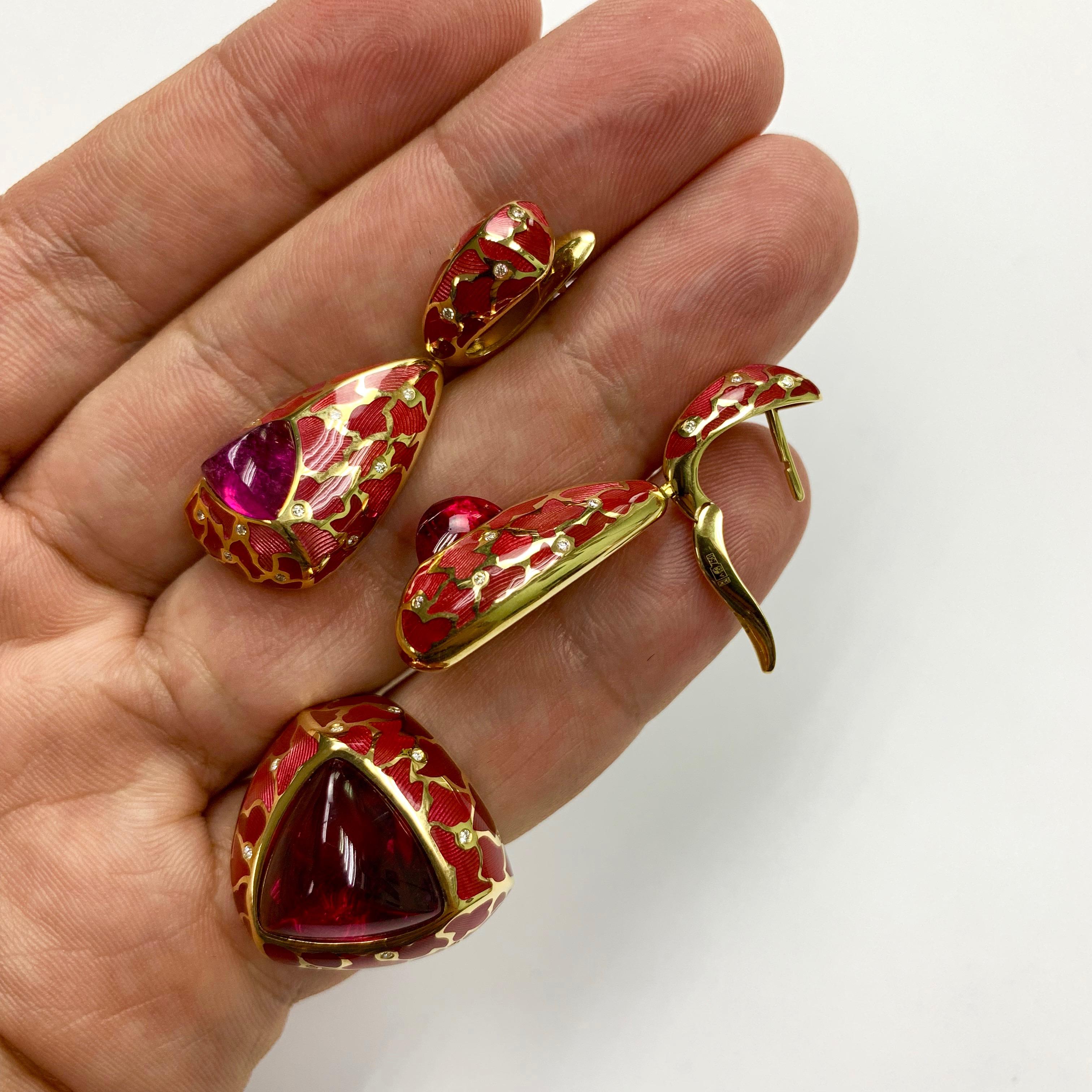 Trillion Cut Rubellite Diamonds Enamel 18 Karat Yellow Gold Suite