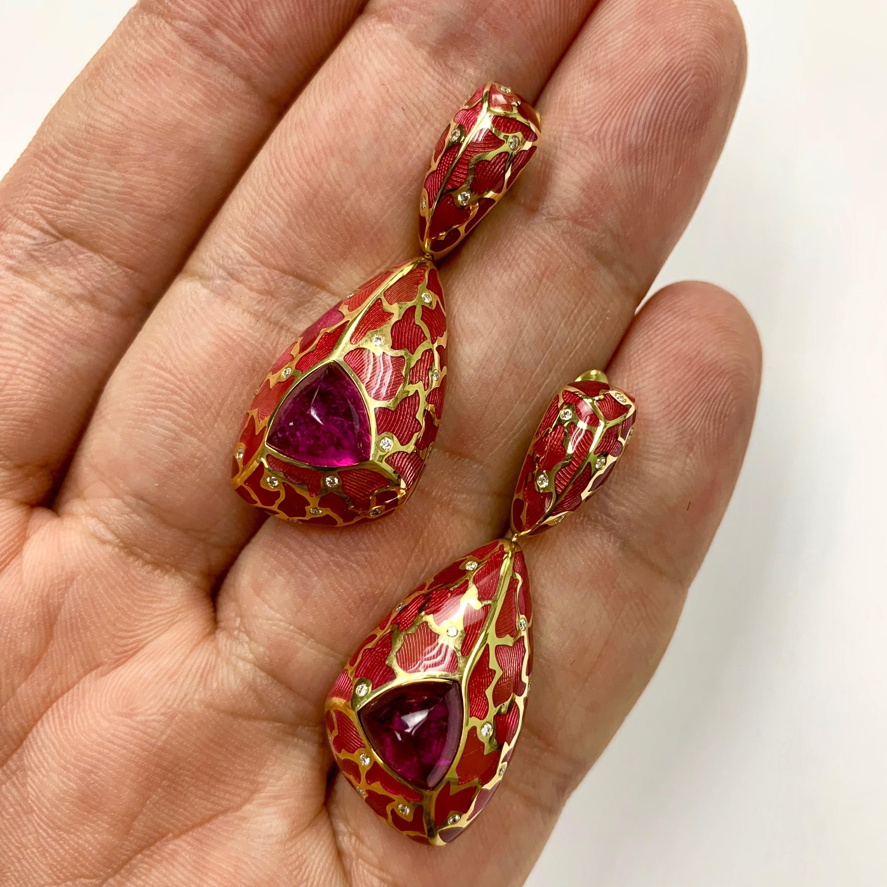 Rubellite Diamonds Enamel 18 Karat Yellow Gold Suite 1