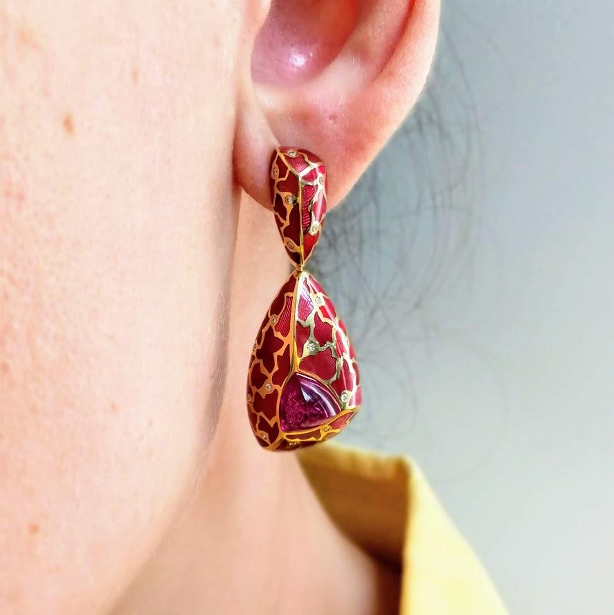 Rubellite Diamonds Enamel 18 Karat Yellow Gold Suite 2